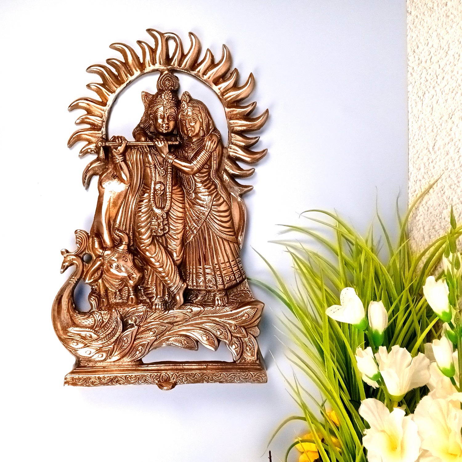 Radha Krishna Wall Hanging | Radhe Krishna With Cow & Peacock Wall Statue | Wedding Gift for Couples - for Home, Living Room, Office, Puja, Entrance Decoration - 16 Inch - Apkamart