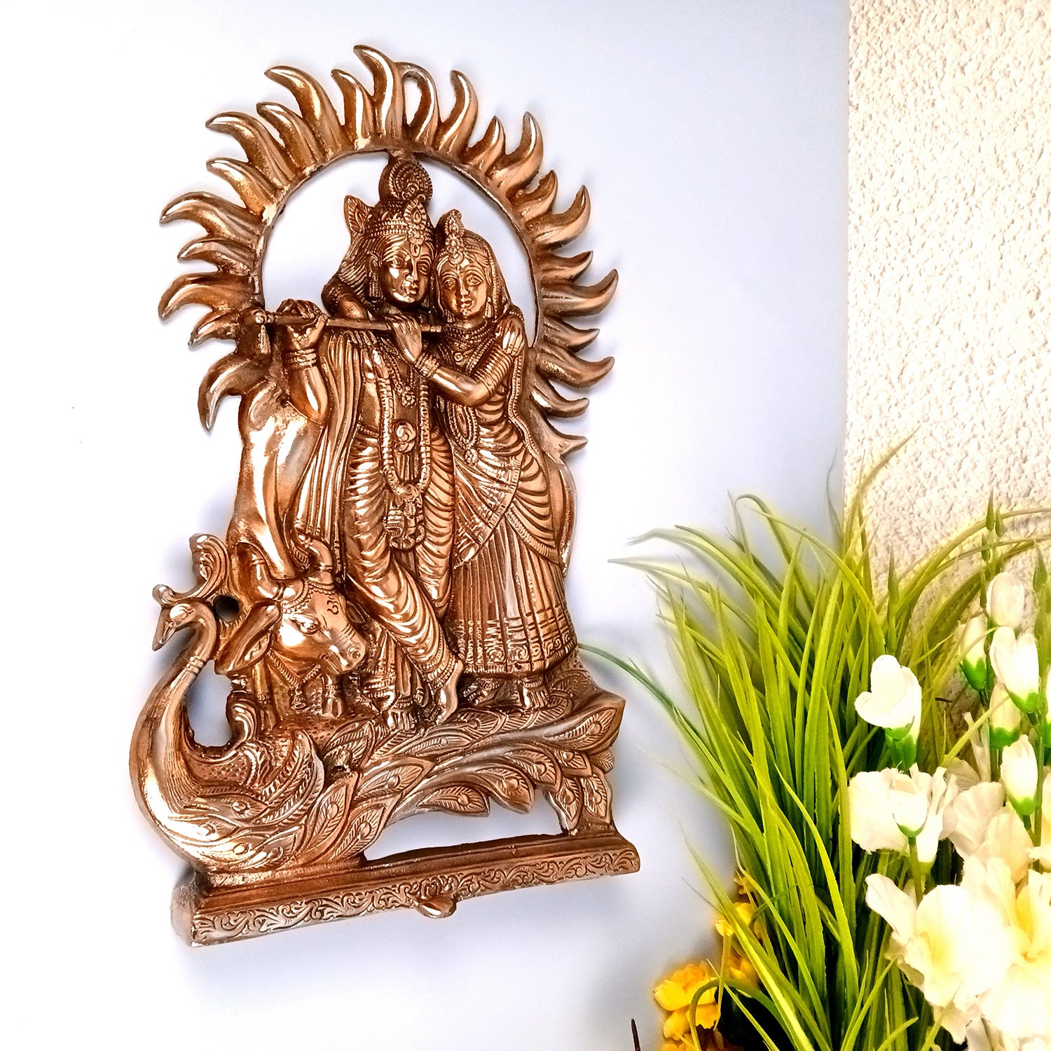 Radha Krishna Wall Hanging | Radhe Krishna With Cow & Peacock Wall Statue | Wedding Gift for Couples - for Home, Living Room, Office, Puja, Entrance Decoration - 16 Inch - Apkamart