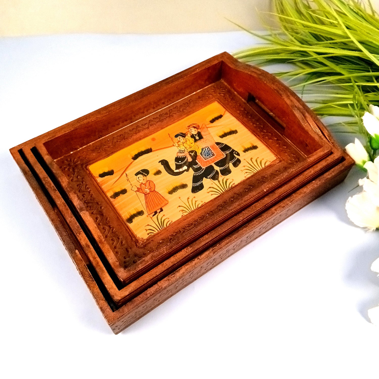 Wooden Tray Set | Serving Trays for Tea, Coffee & Snacks - for Home, Dining Table Organization, Kitchen & Gifts - Set of 3 - Apkamart