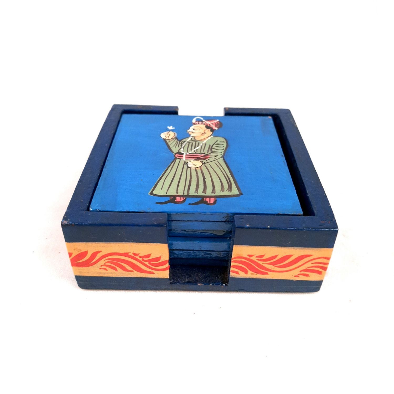 Tea Coasters Set | Wooden Coaster Mats - King Design | Drink Coasters with Holder - for Coffee Table, Center Table, Kitchen, Bar, Hot Pots, Cups, Mugs - 4 Inch (Set of 6) - apkamart #style_Design 1