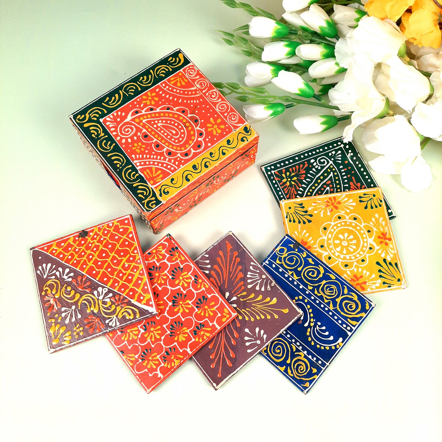 Tea Coasters - All Different Color & Design Coasters| Wooden Coffee Coaster | Heat Pad - for Kitchen, Bar, Tables, Hot Pots, Cups, Mugs - 5 Inch (Set of 6) - apkamart
