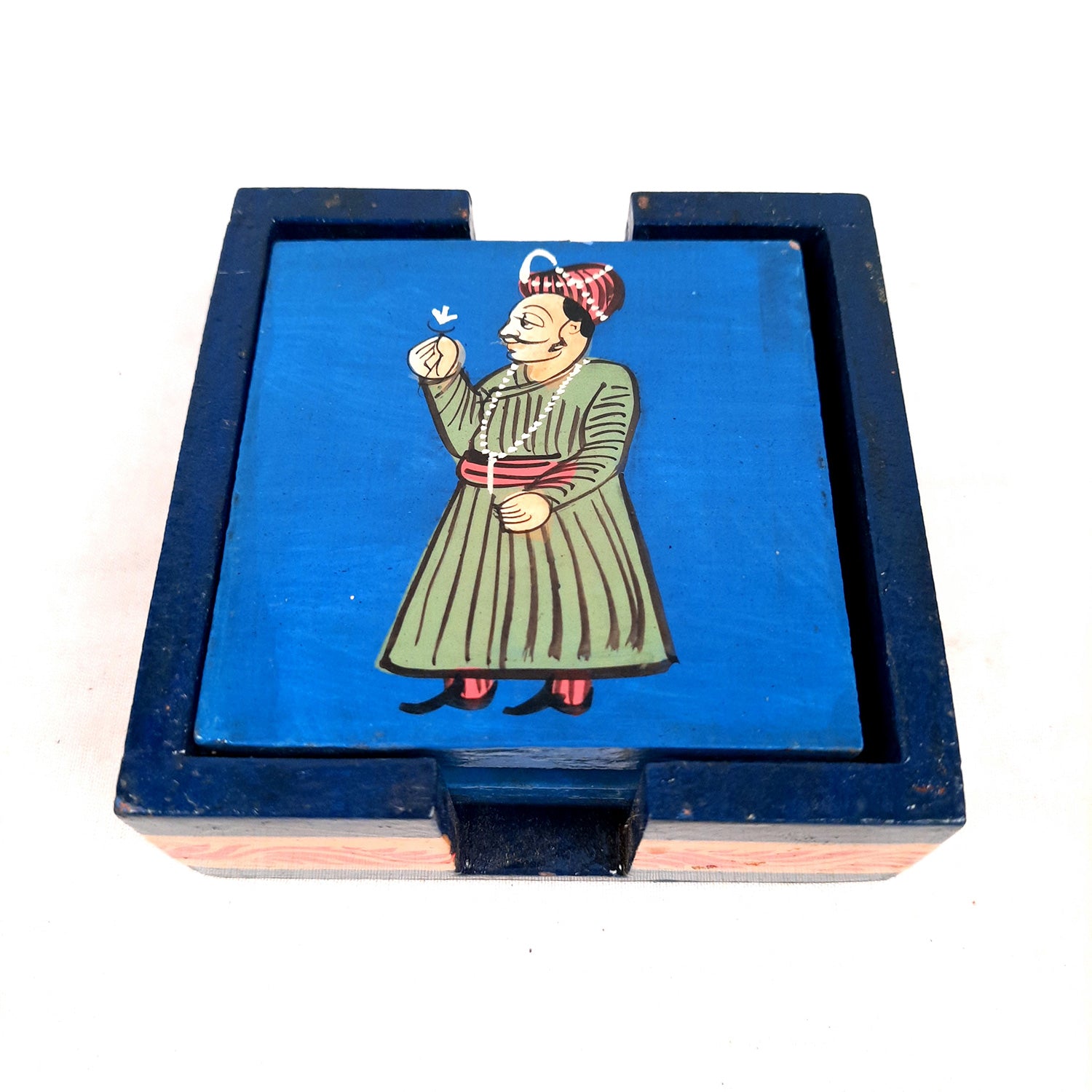 Tea Coasters Set | Wooden Coaster Mats - King Design | Drink Coasters with Holder - for Coffee Table, Center Table, Kitchen, Bar, Hot Pots, Cups, Mugs - 4 Inch (Set of 6) - apkamart #style_Design 1
