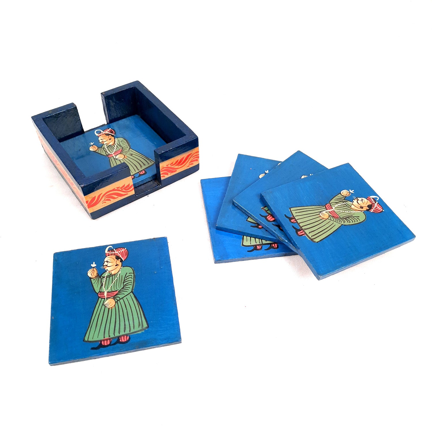 Tea Coasters Set | Wooden Coaster Mats - King Design | Drink Coasters with Holder - for Coffee Table, Center Table, Kitchen, Bar, Hot Pots, Cups, Mugs - 4 Inch (Set of 6) - apkamart #style_Design 1