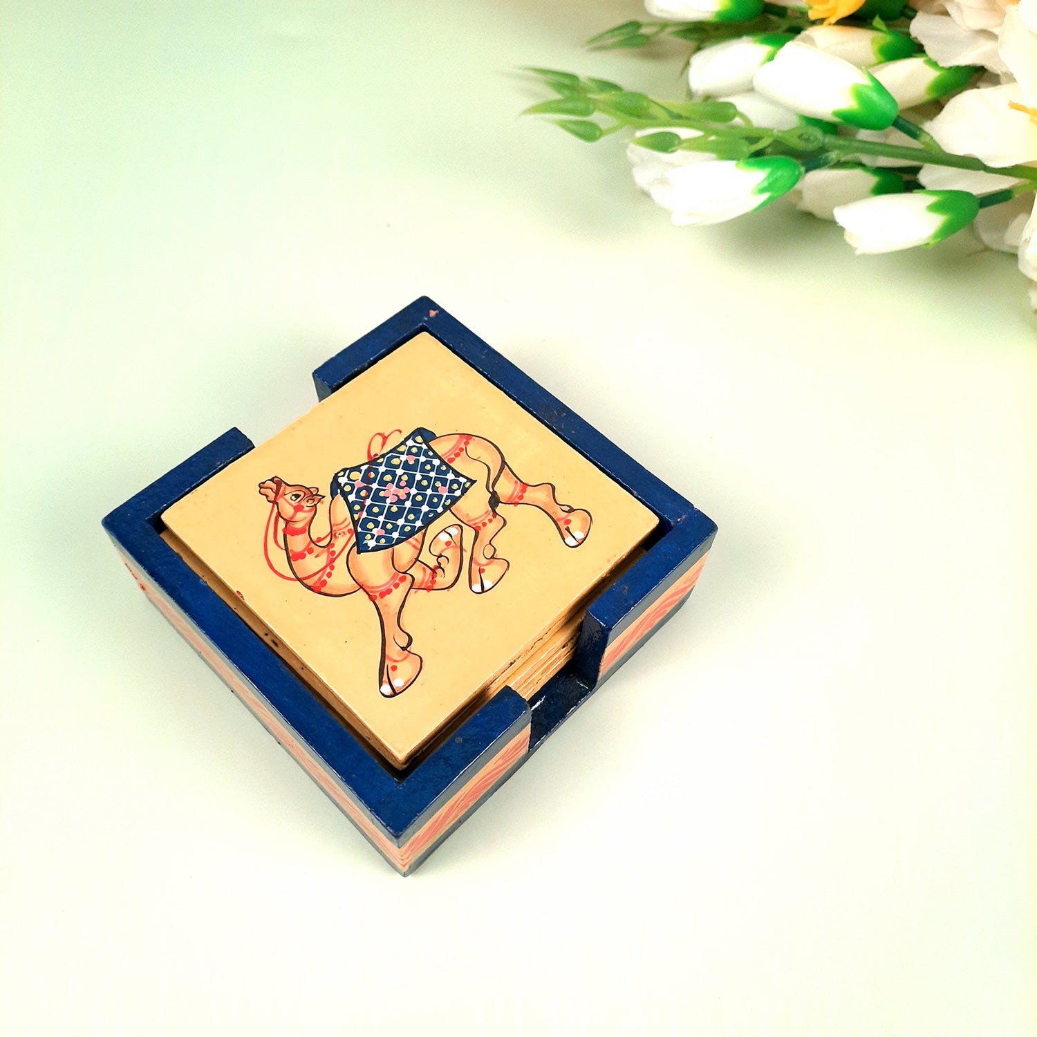 Tea Coasters | Wooden Coffee Coaster Set with Stand - Camel Design | Dining Table Decor - for Kitchen, Bar, Tables, Hot Pots, Cups, Mugs - 4 Inch (Set of 6) - apkamart #style_Design 1