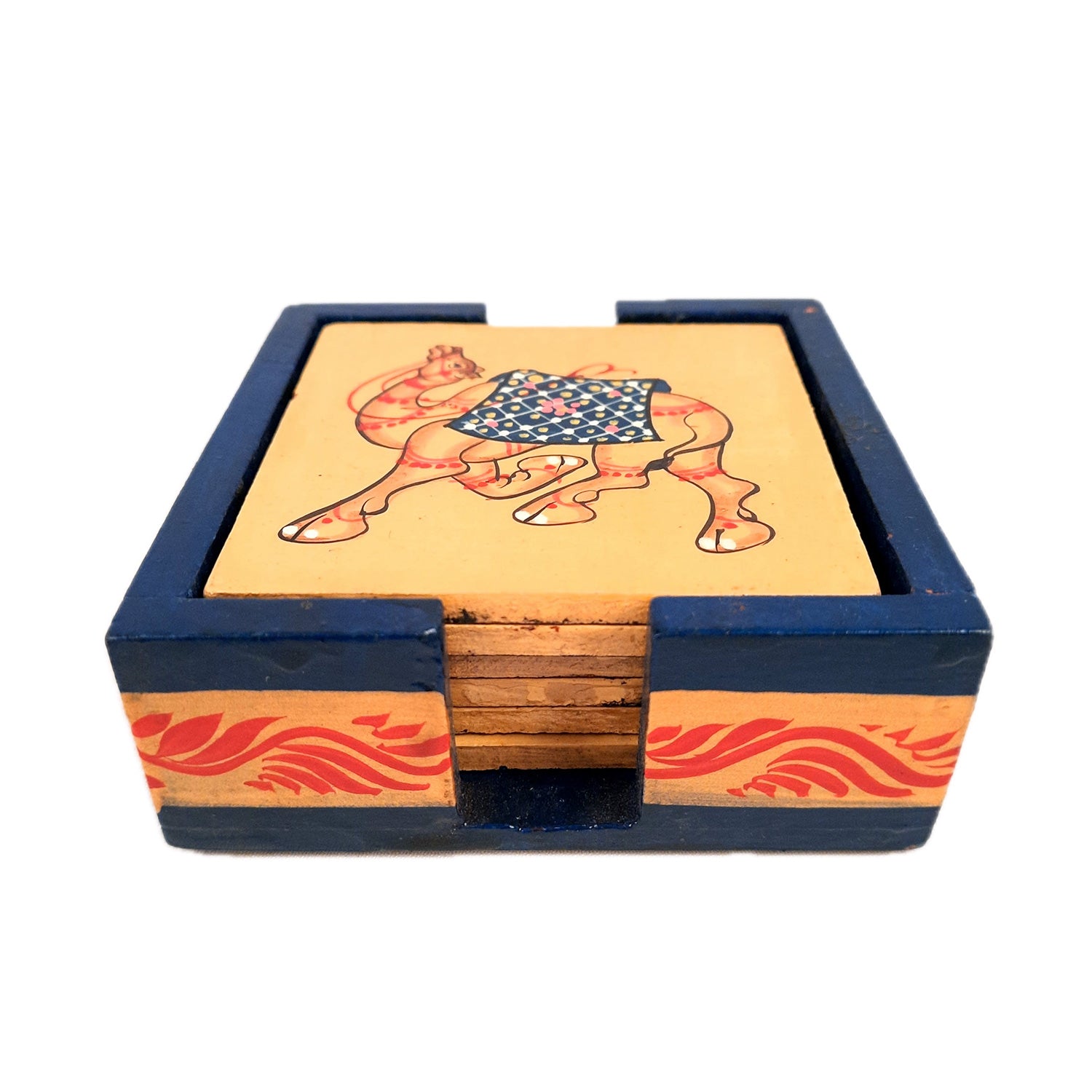 Tea Coasters | Wooden Coffee Coaster Set with Stand - Camel Design | Dining Table Decor - for Kitchen, Bar, Tables, Hot Pots, Cups, Mugs - 4 Inch (Set of 6) - apkamart #style_Design 1