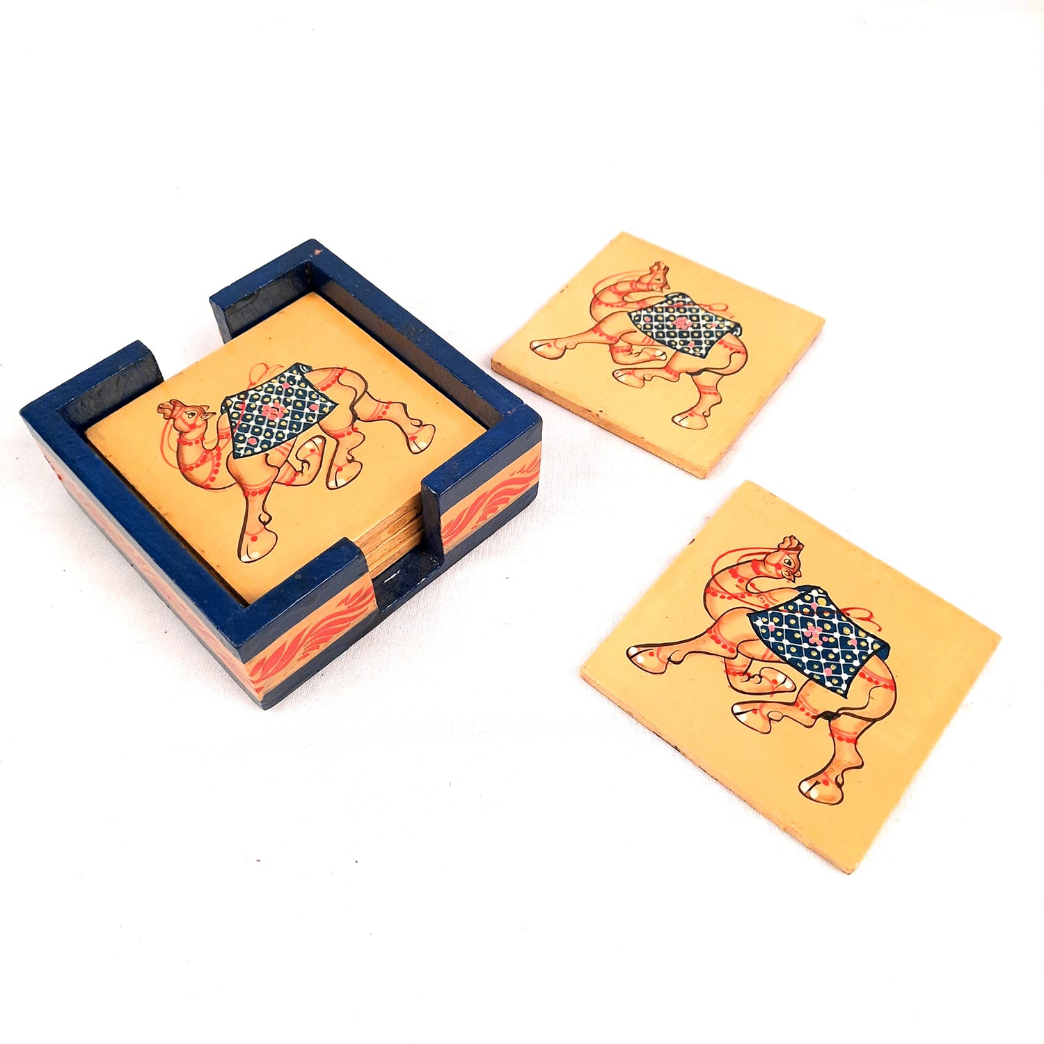 Tea Coasters | Wooden Coffee Coaster Set with Stand - Camel Design | Dining Table Decor - for Kitchen, Bar, Tables, Hot Pots, Cups, Mugs - 4 Inch (Set of 6) - apkamart #style_Design 1