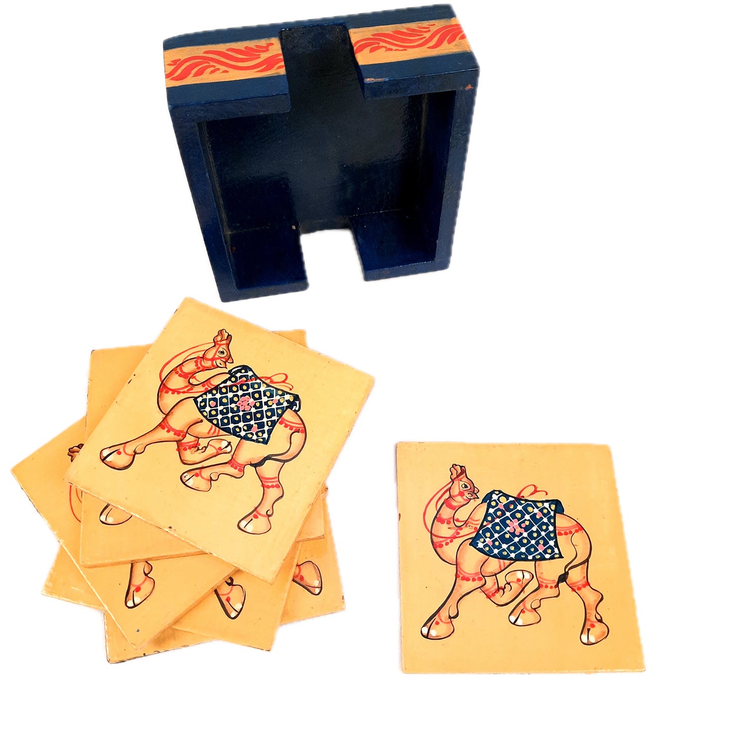 Tea Coasters | Wooden Coffee Coaster Set with Stand - Camel Design | Dining Table Decor - for Kitchen, Bar, Tables, Hot Pots, Cups, Mugs - 4 Inch (Set of 6) - apkamart #style_Design 1