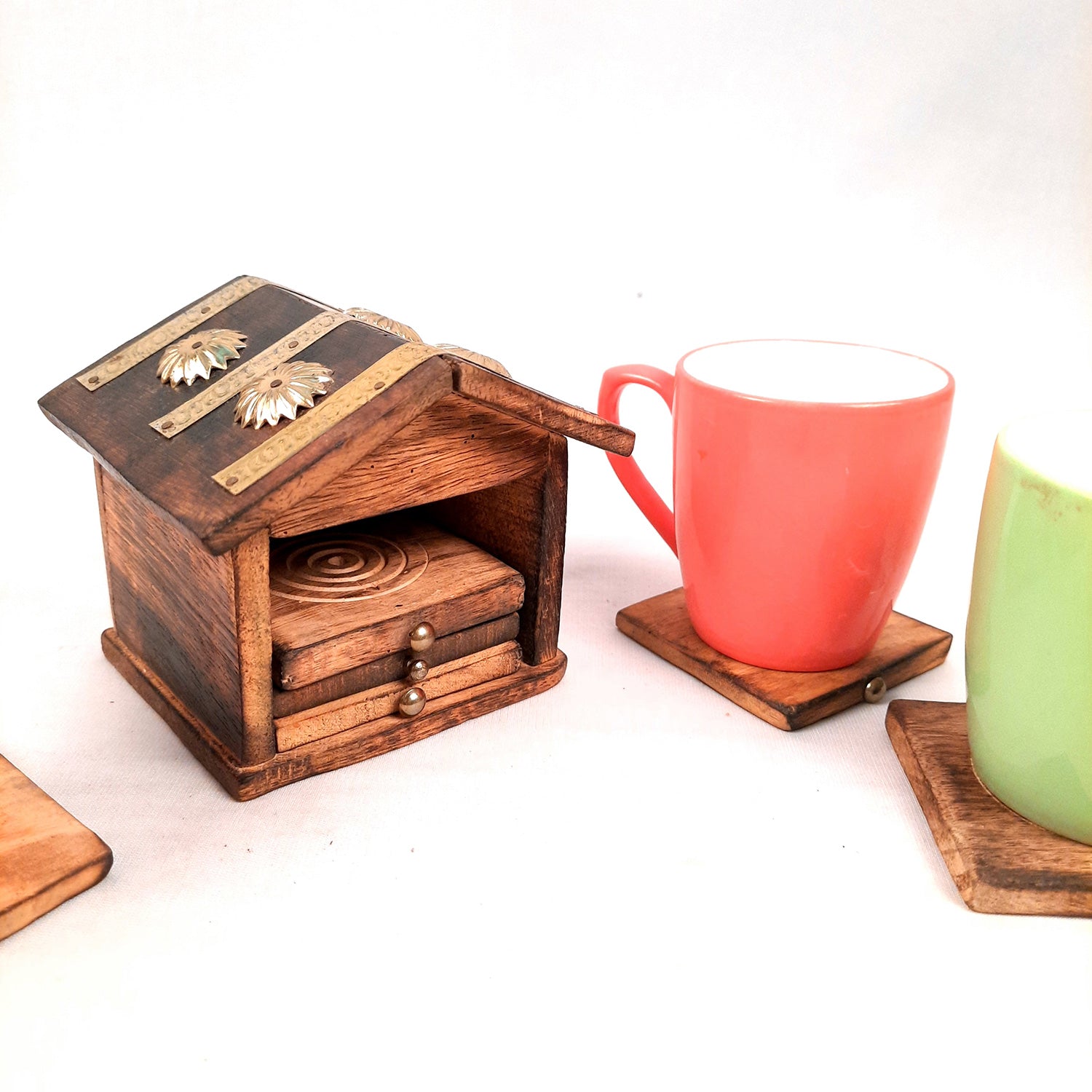 Tea Coasters - Hut Design | Wooden Coffee Coaster Set with Stand | Heat Pad | Dining Table Decor - for Kitchen, Bar, Tables, Hot Pots, Cups, Mugs - Set of 6 - apkamart #Style_Design 1