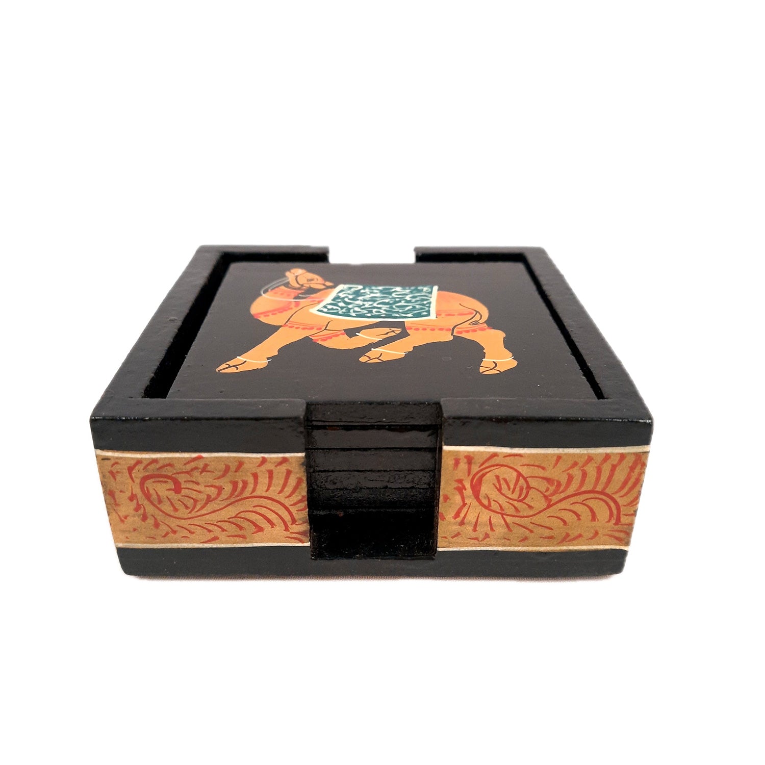 Tea Coasters | Wooden Coffee Coaster Set with Stand - Camel Design | Dining Table Decor - for Kitchen, Bar, Tables, Hot Pots, Cups, Mugs - 4 Inch (Set of 6) - apkamart #style_Design 2