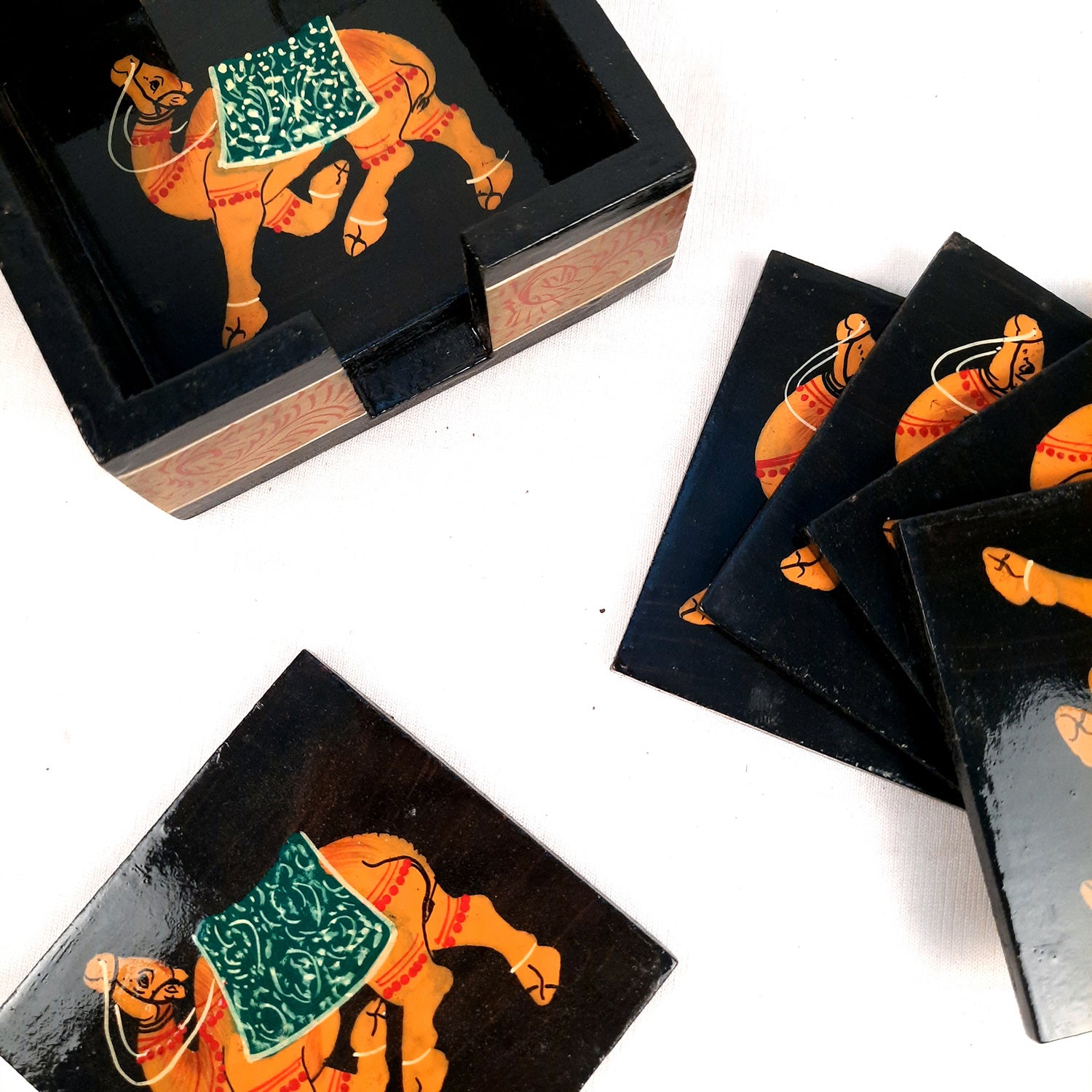 Tea Coasters | Wooden Coffee Coaster Set with Stand - Camel Design | Dining Table Decor - for Kitchen, Bar, Tables, Hot Pots, Cups, Mugs - 4 Inch (Set of 6) - apkamart #style_Design 2