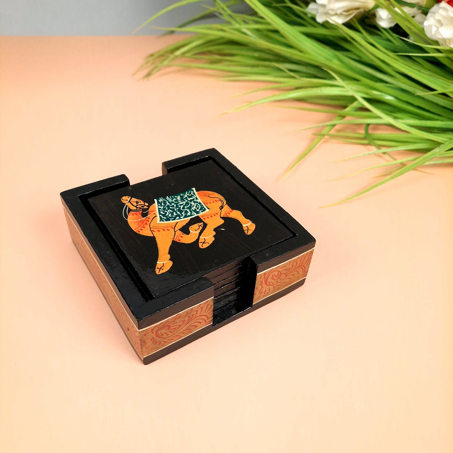 Tea Coasters | Wooden Coffee Coaster Set with Stand - Camel Design | Dining Table Decor - for Kitchen, Bar, Tables, Hot Pots, Cups, Mugs - 4 Inch (Set of 6) - apkamart #style_Design 2