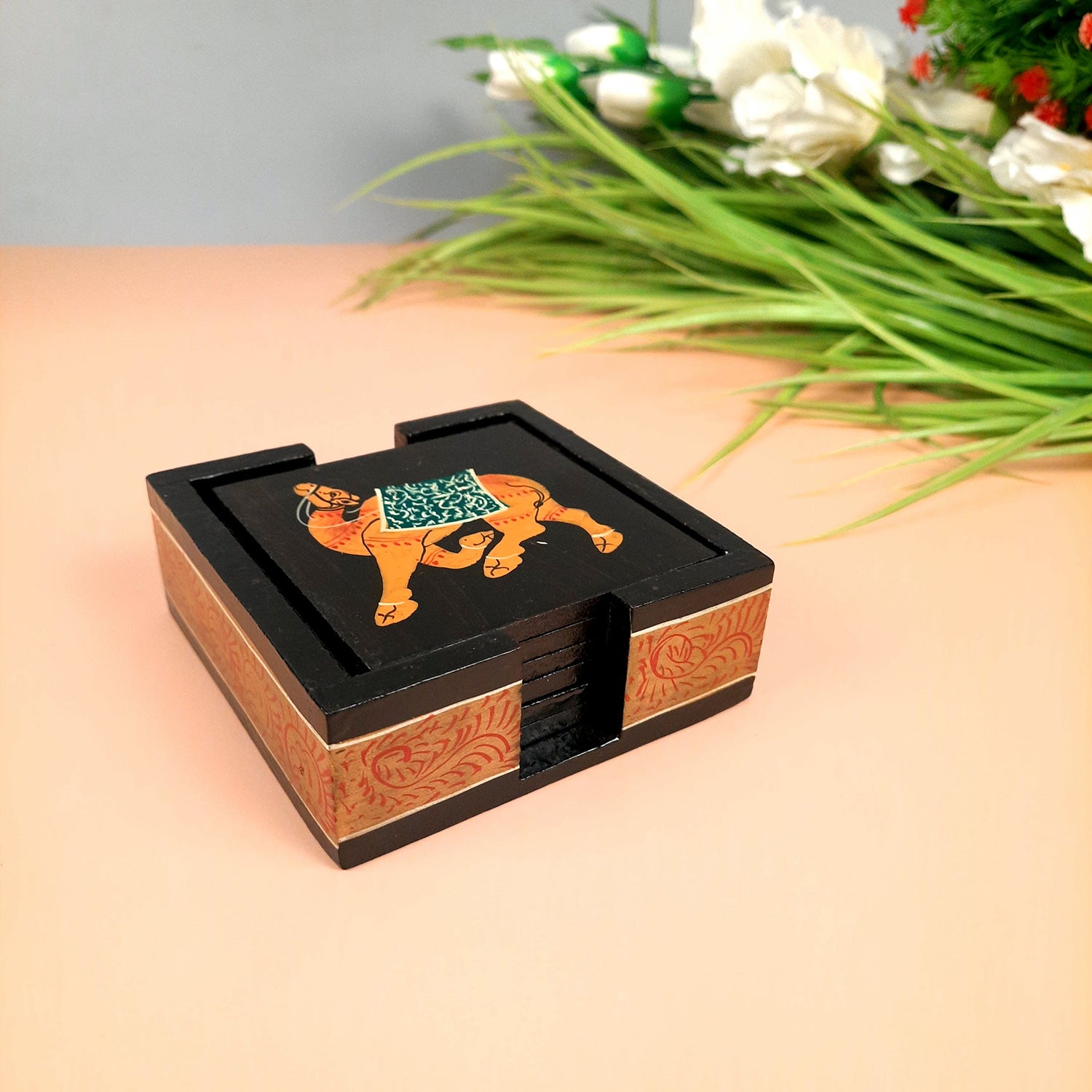 Tea Coasters | Wooden Coffee Coaster Set with Stand - Camel Design | Dining Table Decor - for Kitchen, Bar, Tables, Hot Pots, Cups, Mugs - 4 Inch (Set of 6) - apkamart #style_Design 2