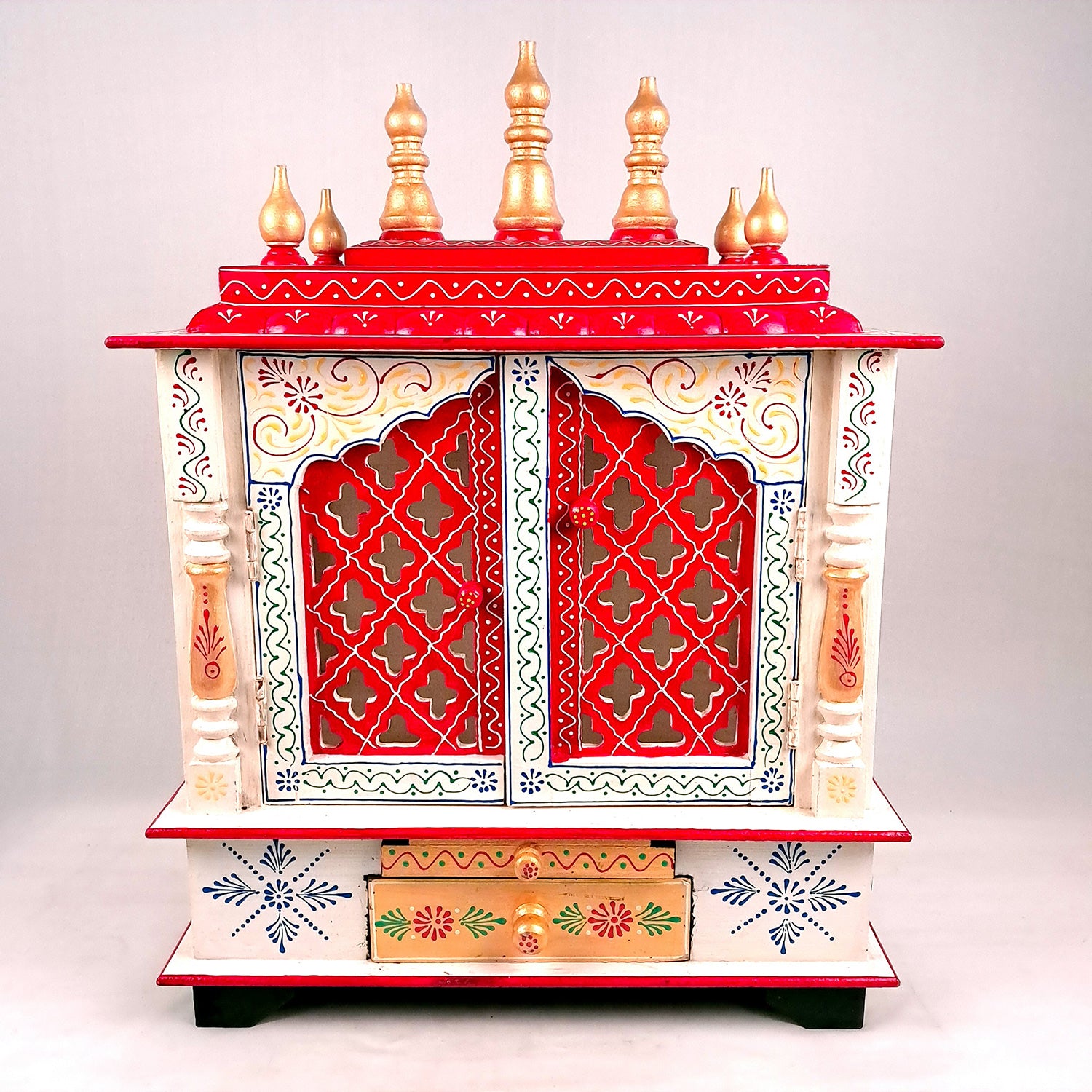 Home Temple Wooden | Pooja Mandir With Drawer & Sliding Plate for Keeping Diya & Agarbatti Stand With Door – For God, House, Puja Ghar, Office & Shop - Apkamart #color_White