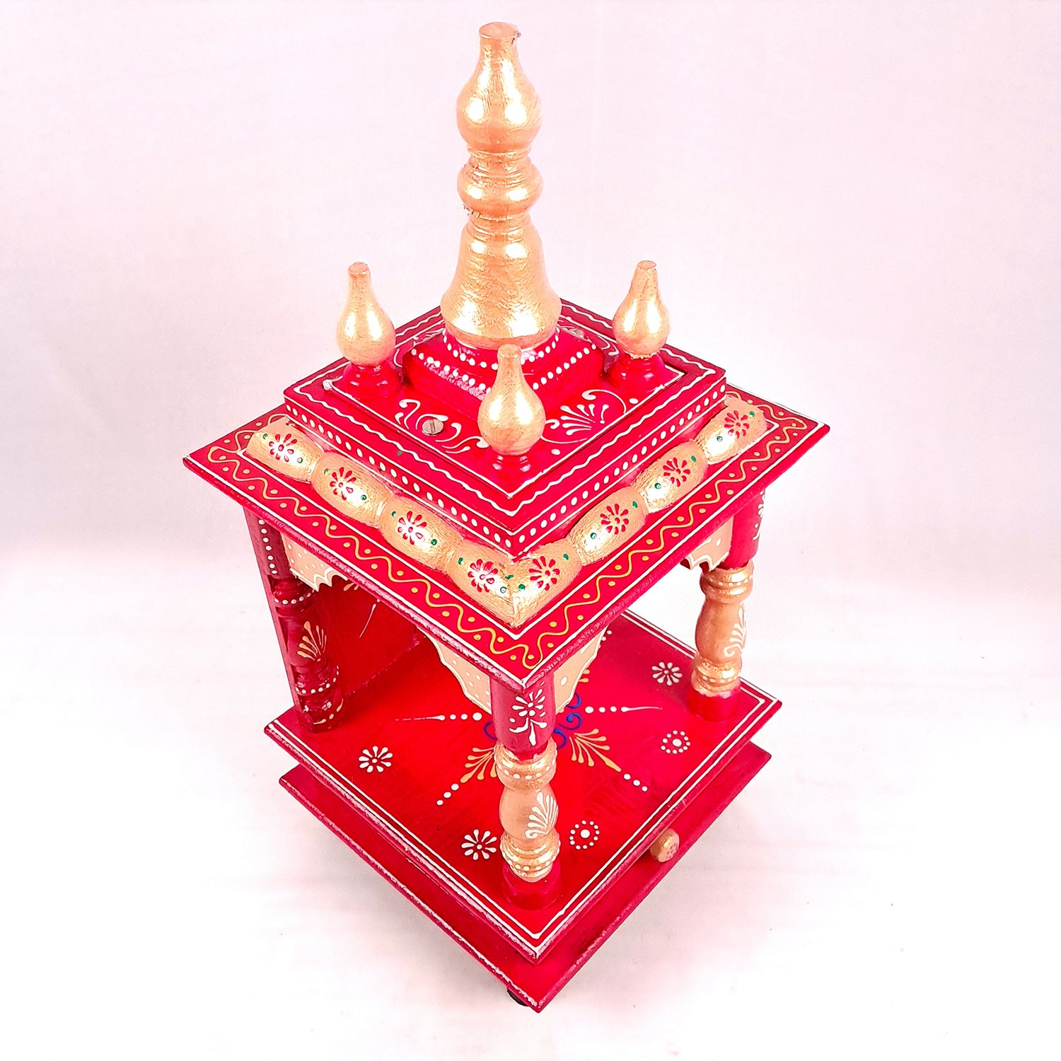 Pooja Mandir With Drawer | Home Temple Wooden Wall Mounted With Storage | Hanging Puja Stand / Unit - Apkamart #Color_Red