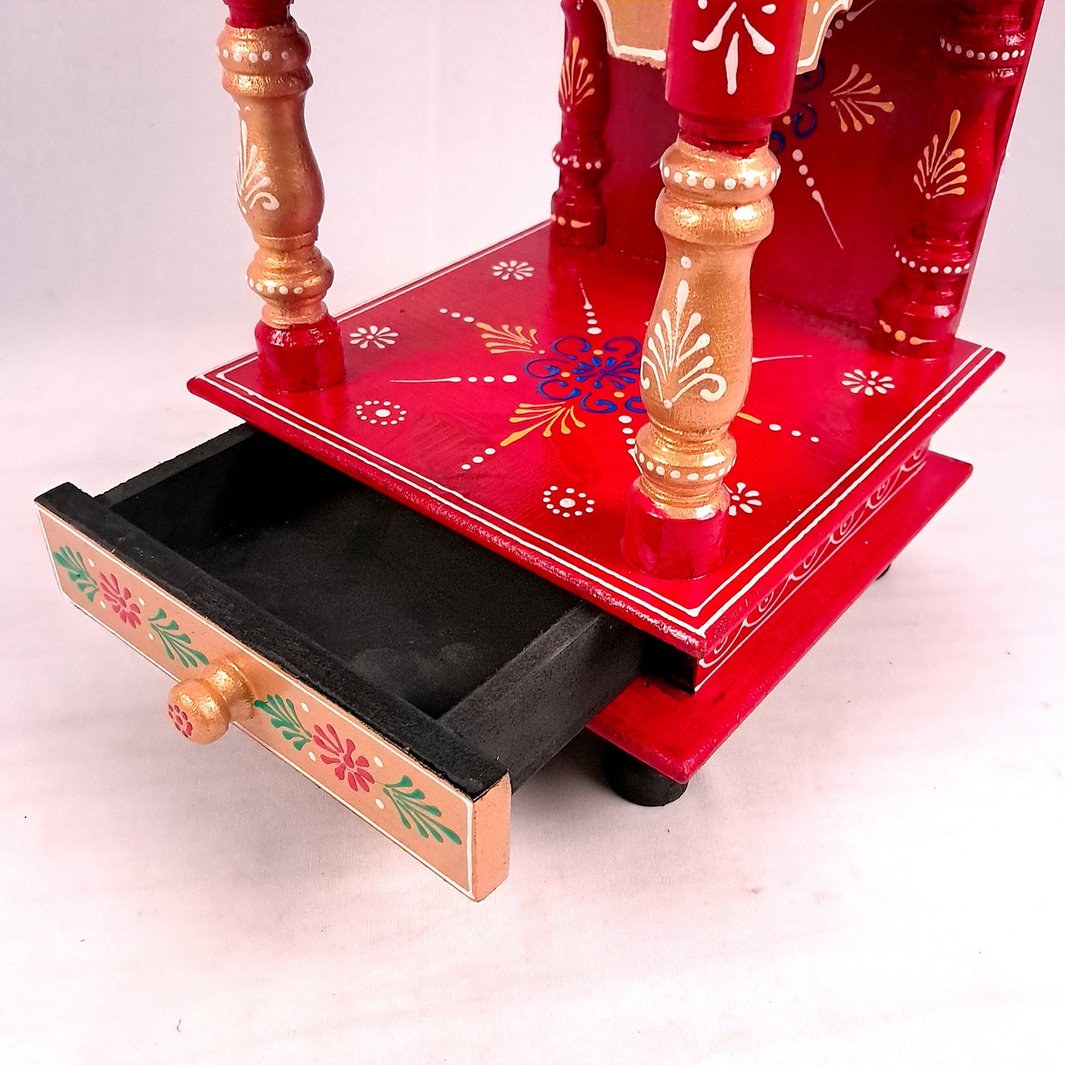 Pooja Mandir With Drawer | Home Temple Wooden Wall Mounted With Storage | Hanging Puja Stand / Unit - Apkamart #Color_Red