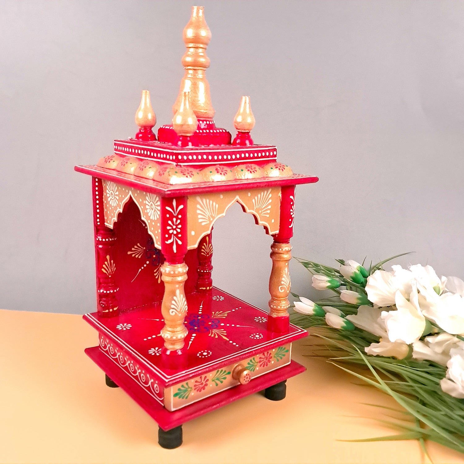 Pooja Mandir With Drawer | Home Temple Wooden Wall Mounted With Storage | Hanging Puja Stand / Unit - Apkamart #Color_Red