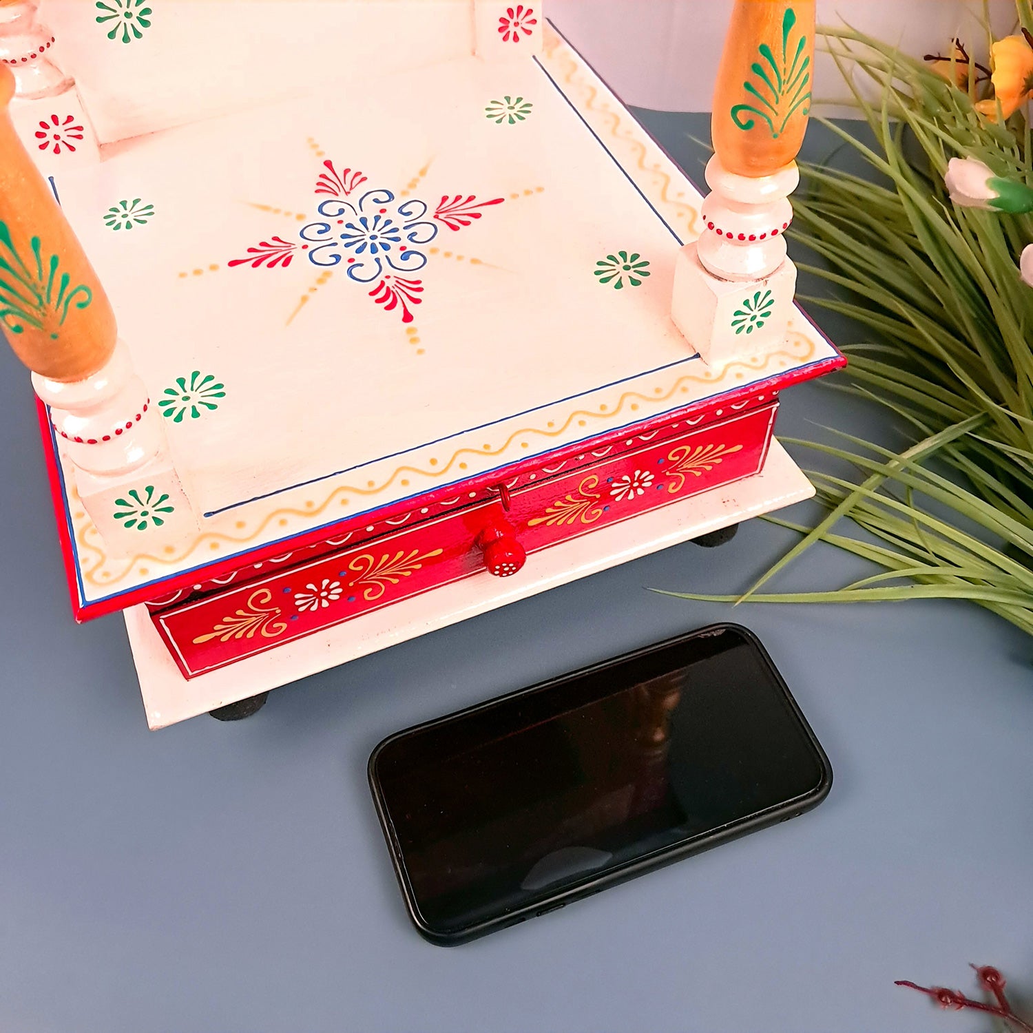 Pooja Temple With Drawer | Big Temple For Home With Storage | Wooden Mandir Stand | Puja Unit Wall Mounted – For House, Puja, Office & Shop - apkamart #Color_White