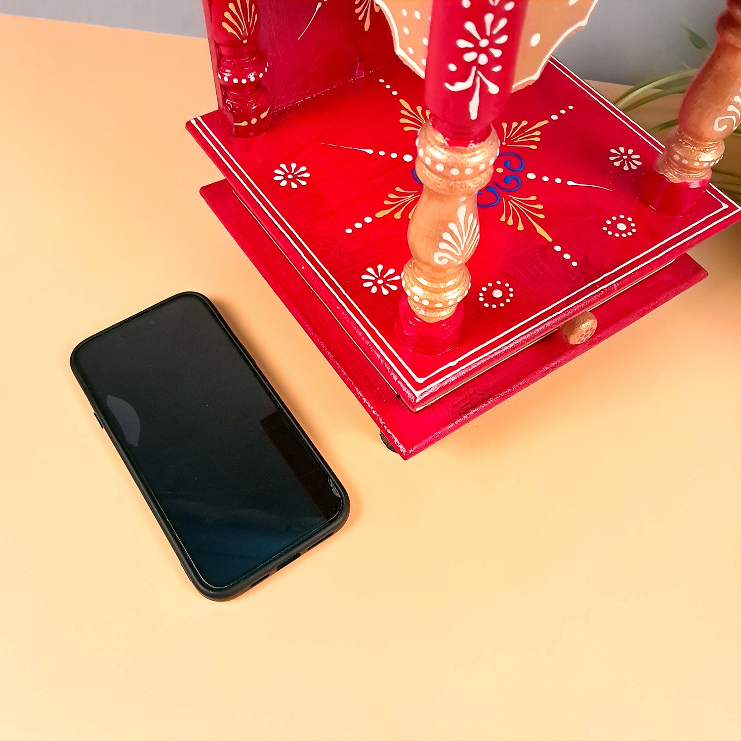 Pooja Mandir With Drawer | Home Temple Wooden Wall Mounted With Storage | Hanging Puja Stand / Unit - Apkamart #Color_Red