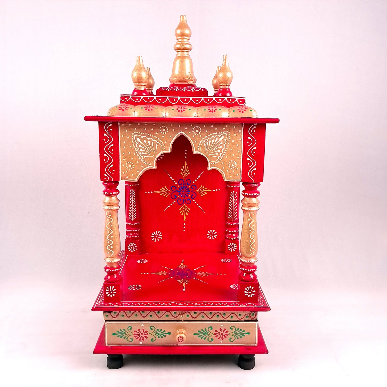 Pooja Temple With Drawer | Big Temple For Home With Storage | Wooden Mandir Stand | Puja Unit Wall Mounted – For House, Puja, Office & Shop - apkamart #Color_Red