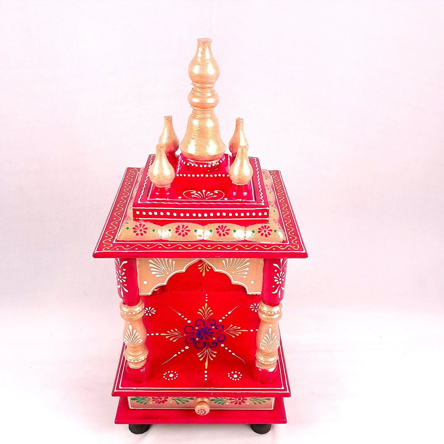 Pooja Mandir With Drawer | Home Temple Wooden Wall Mounted With Storage | Hanging Puja Stand / Unit - Apkamart #Color_Red
