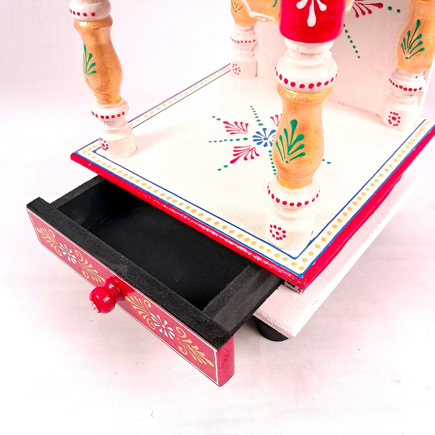 Pooja Mandir With Drawer | Home Temple Wooden Wall Mounted With Storage | Hanging Puja Stand / Unit - Apkamart #Color_White