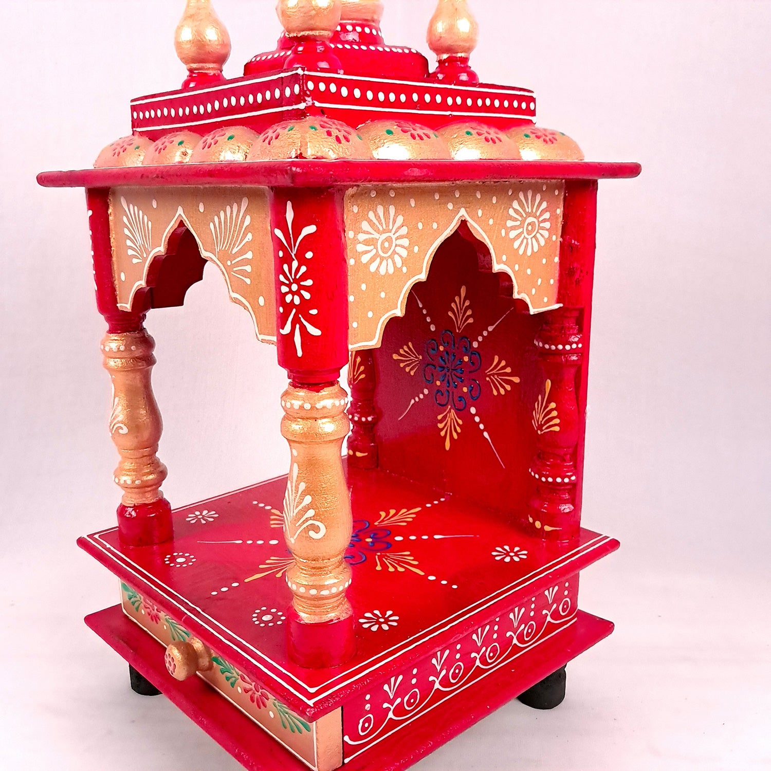 Pooja Mandir With Drawer | Home Temple Wooden Wall Mounted With Storage | Hanging Puja Stand / Unit - Apkamart #Color_Red