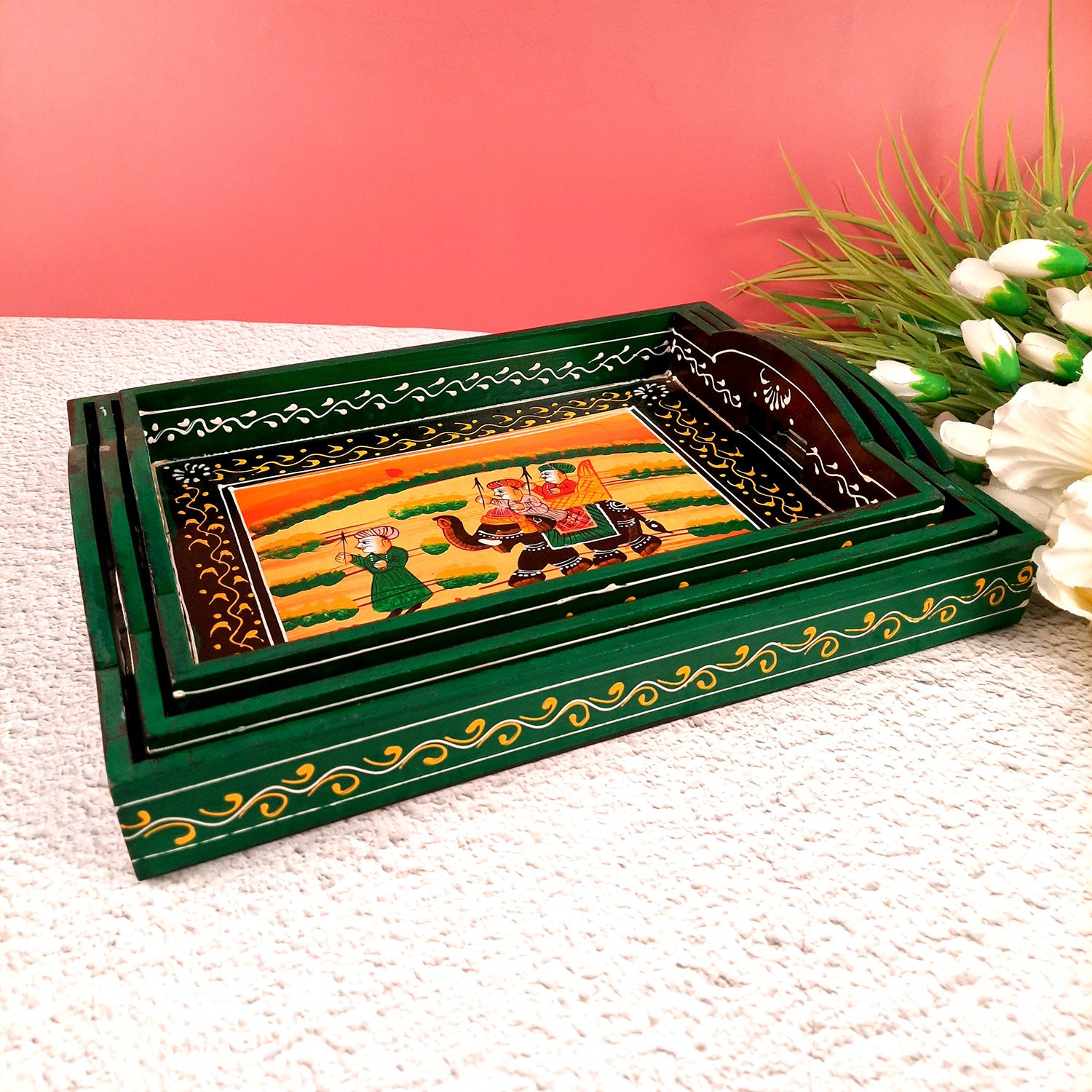 Tray Wooden | Tea & Snacks Serving Platter | Decorative Handcrafted Trays - for Home, Dining Table, Kitchen Decor | Wedding & Housewarming Gift (Pack of 3) - apkamart