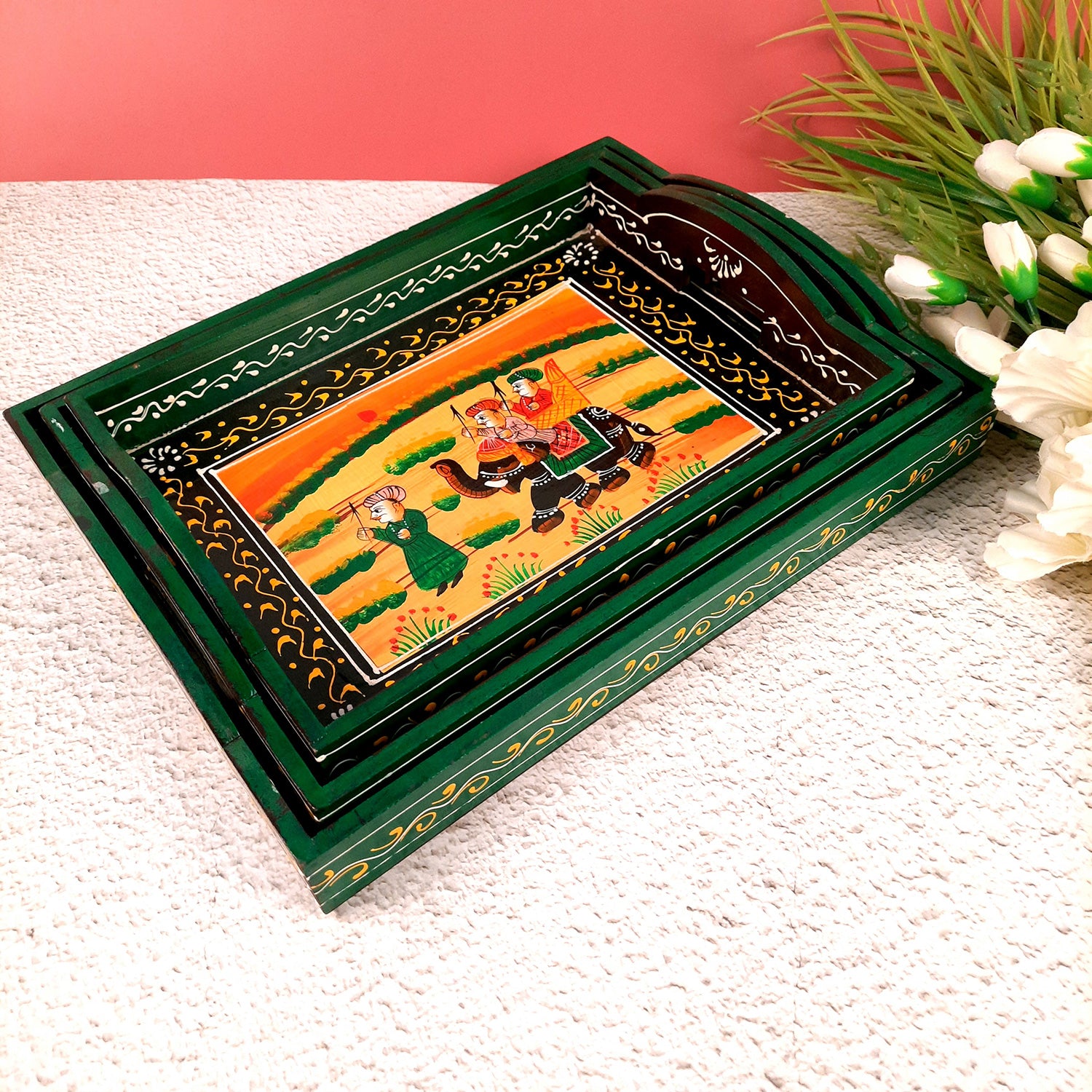 Tray Wooden | Tea & Snacks Serving Platter | Decorative Handcrafted Trays - for Home, Dining Table, Kitchen Decor | Wedding & Housewarming Gift (Pack of 3) - apkamart