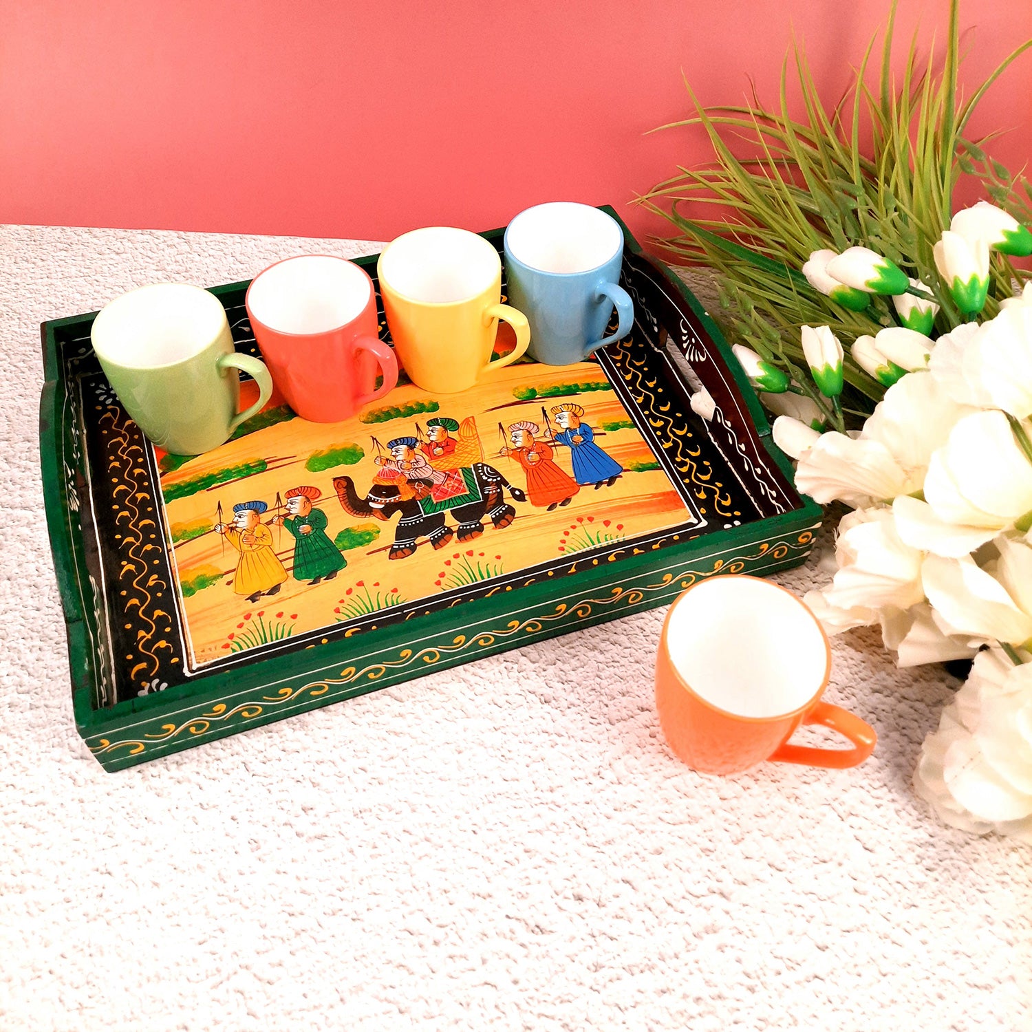 Tray Wooden | Tea & Snacks Serving Platter | Decorative Handcrafted Trays - for Home, Dining Table, Kitchen Decor | Wedding & Housewarming Gift (Pack of 3) - apkamart