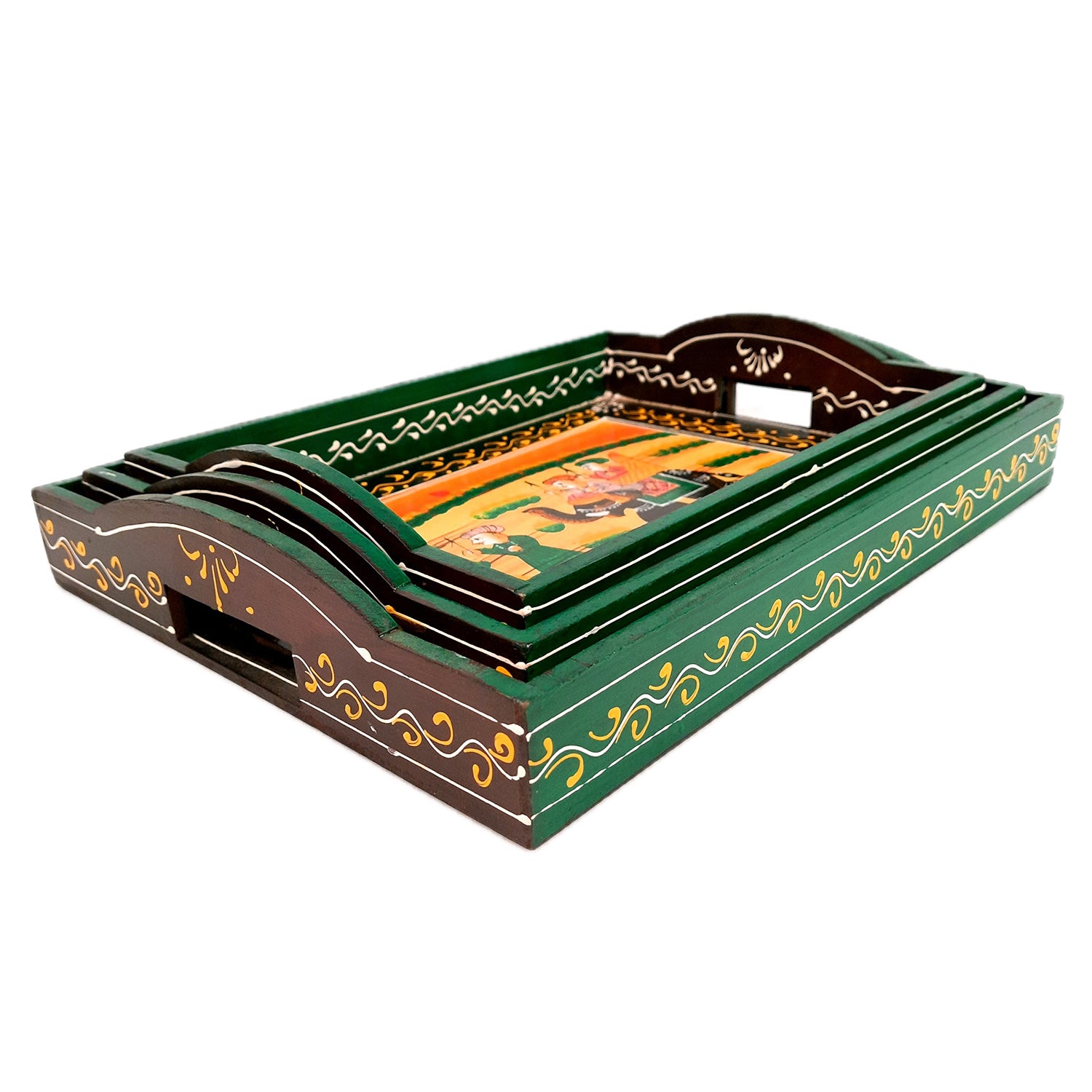Tray Wooden | Tea & Snacks Serving Platter | Decorative Handcrafted Trays - for Home, Dining Table, Kitchen Decor | Wedding & Housewarming Gift (Pack of 3) - apkamart