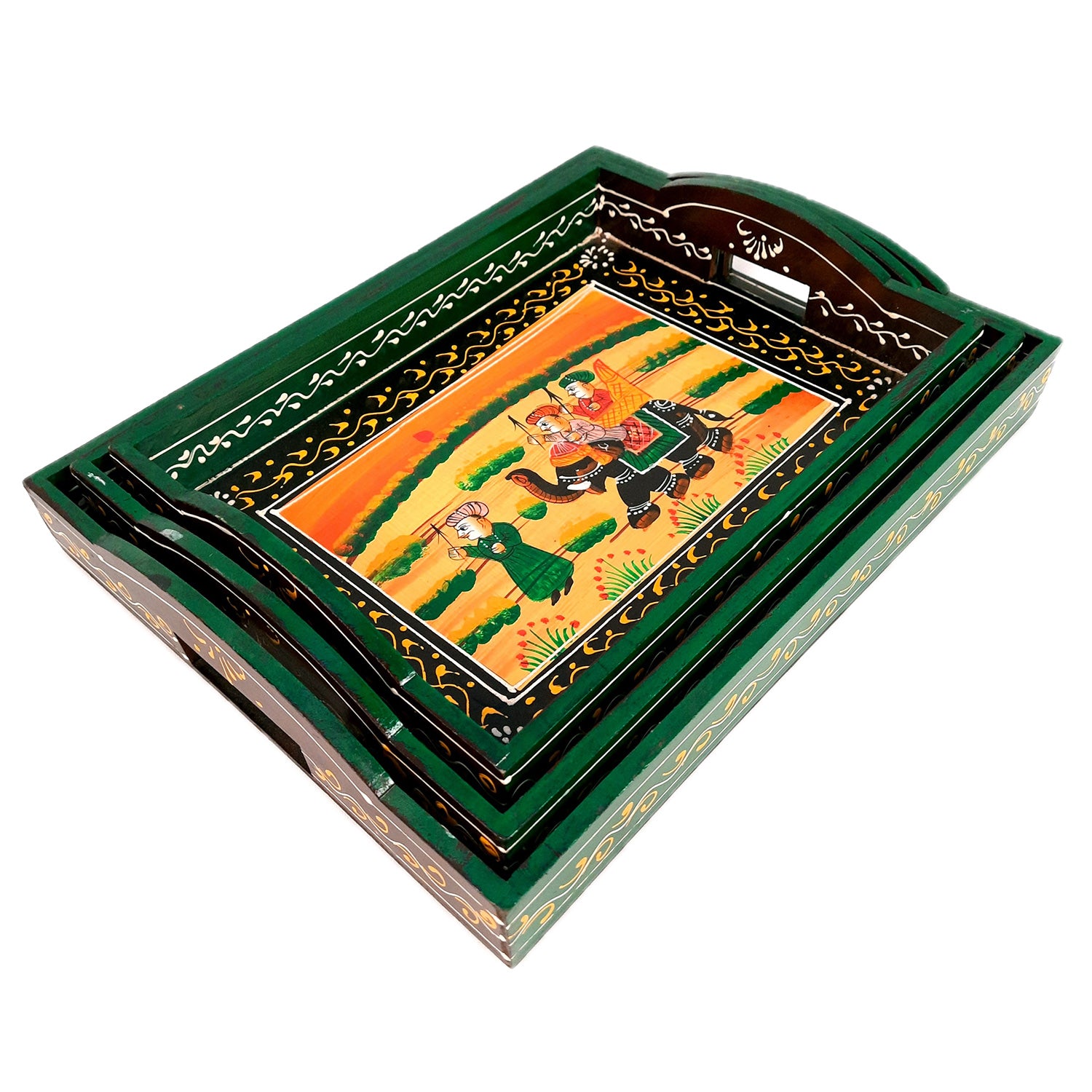 Tray Wooden | Tea & Snacks Serving Platter | Decorative Handcrafted Trays - for Home, Dining Table, Kitchen Decor | Wedding & Housewarming Gift (Pack of 3) - apkamart