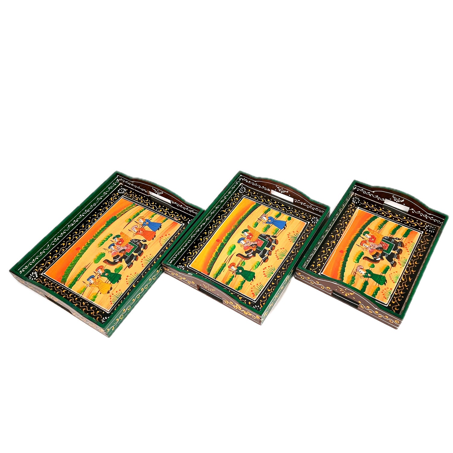 Tray Wooden | Tea & Snacks Serving Platter | Decorative Handcrafted Trays - for Home, Dining Table, Kitchen Decor | Wedding & Housewarming Gift (Pack of 3) - apkamart