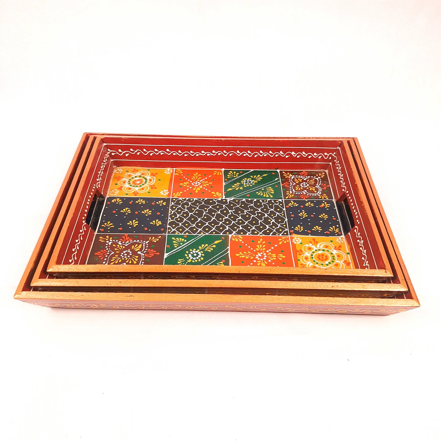 Wooden Tray Set | Serving Trays & Platters for Tea, Coffee & Snacks | Multipurpose Decorative Trays - for Home, Dining Table Organization, Kitchen & Gifts (Pack of 3) - Apkamart