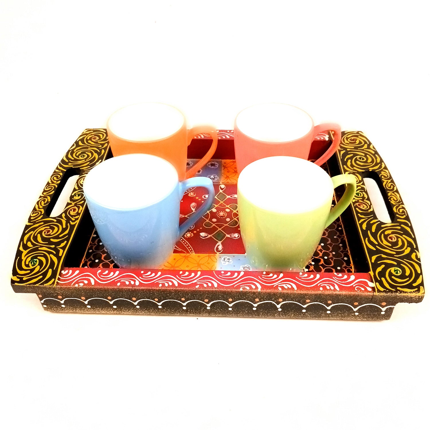 Tray Wooden | Beautifully Hand Painted Tea & Snacks Serving Platter | Decorative Trays - for Home, Dining Table, Kitchen Decor | Wedding & Housewarming Gift - 17 Inch (Pack of 2) - Apkamart