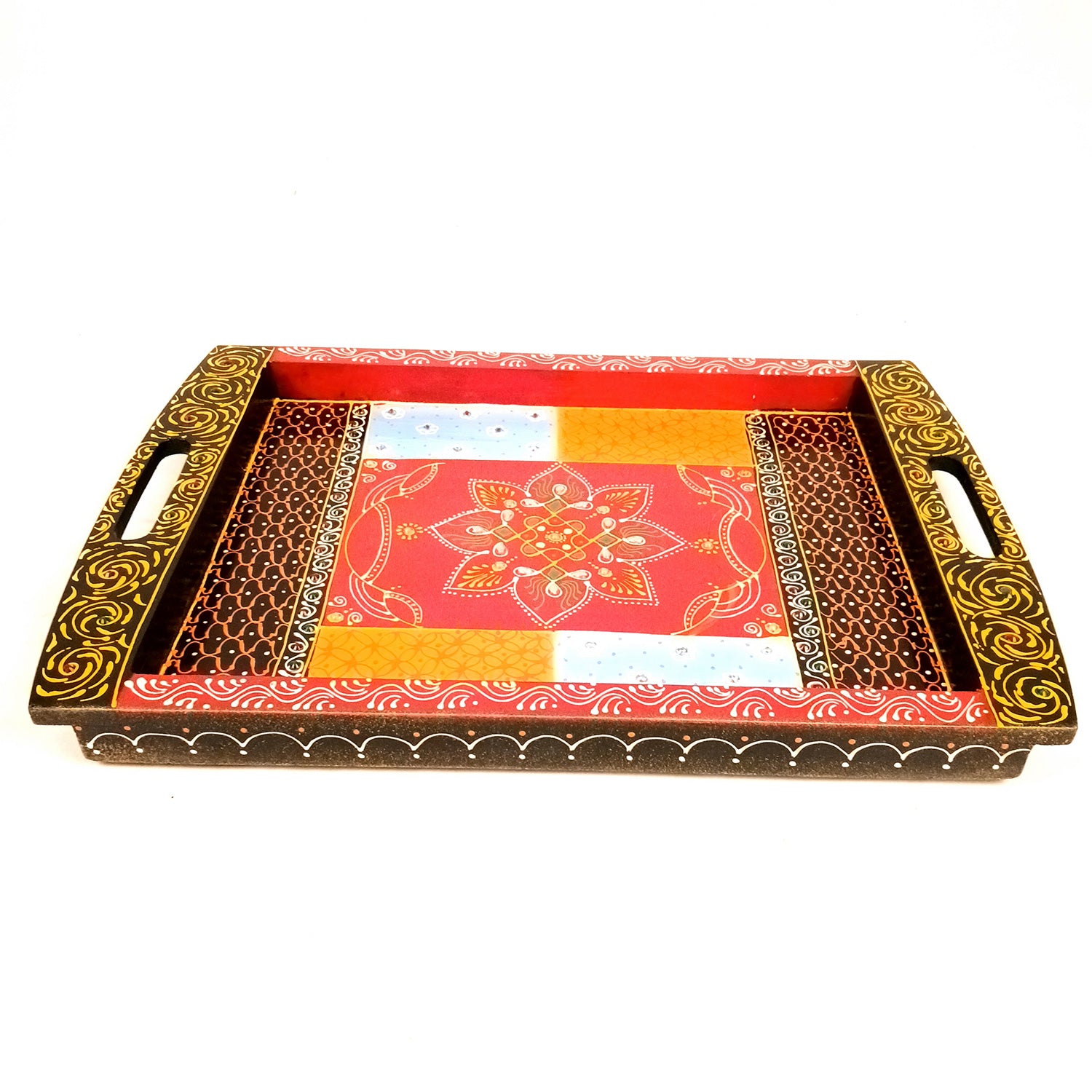 Tray Wooden | Beautifully Hand Painted Tea & Snacks Serving Platter | Decorative Trays - for Home, Dining Table, Kitchen Decor | Wedding & Housewarming Gift - 17 Inch (Pack of 2) - Apkamart