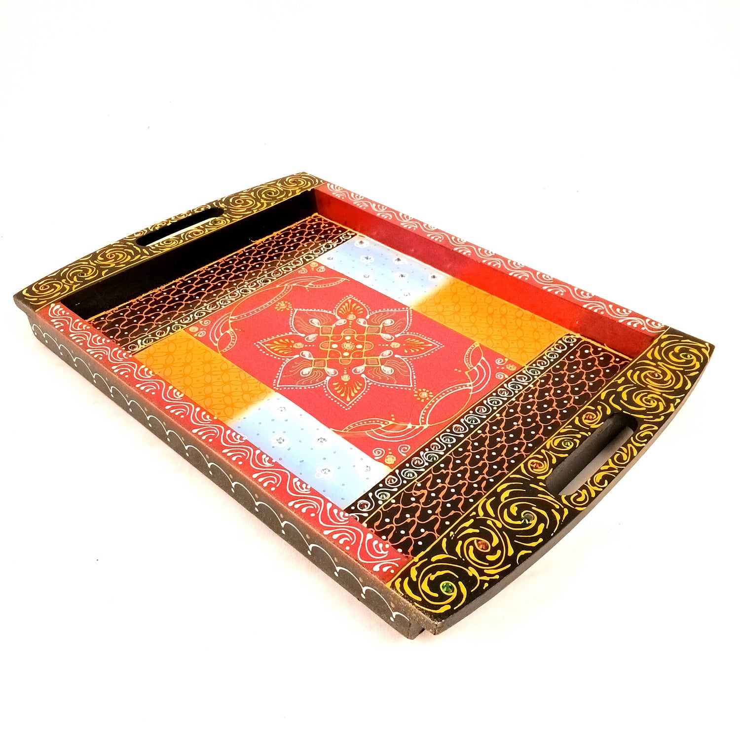 Tray Wooden | Beautifully Hand Painted Tea & Snacks Serving Platter | Decorative Trays - for Home, Dining Table, Kitchen Decor | Wedding & Housewarming Gift - 17 Inch (Pack of 2) - Apkamart