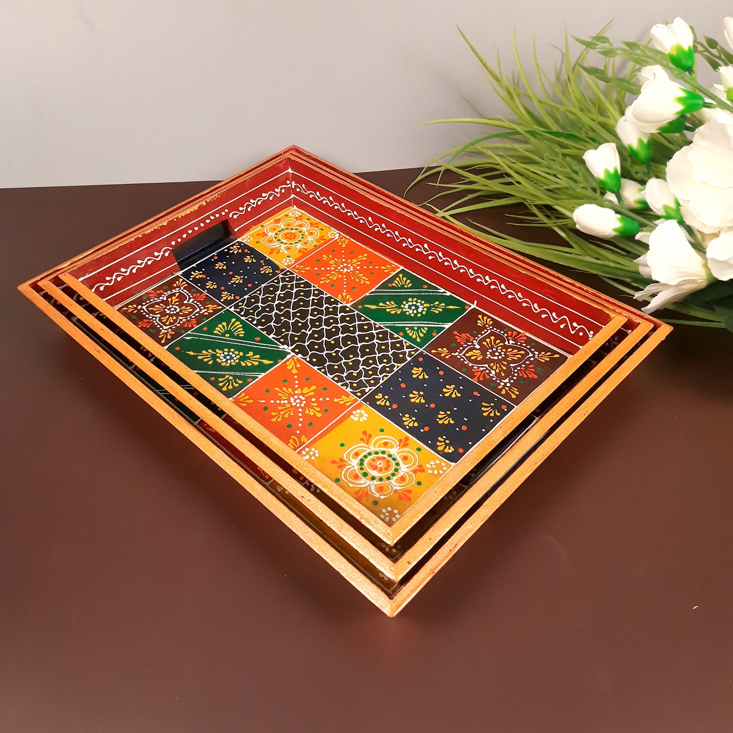 Wooden Tray Set | Serving Trays & Platters for Tea, Coffee & Snacks | Multipurpose Decorative Trays - for Home, Dining Table Organization, Kitchen & Gifts (Pack of 3) - Apkamart