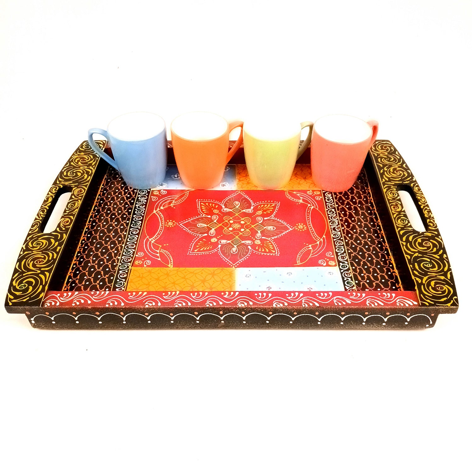 Tray Wooden | Beautifully Hand Painted Tea & Snacks Serving Platter | Decorative Trays - for Home, Dining Table, Kitchen Decor | Wedding & Housewarming Gift - 17 Inch (Pack of 2) - Apkamart