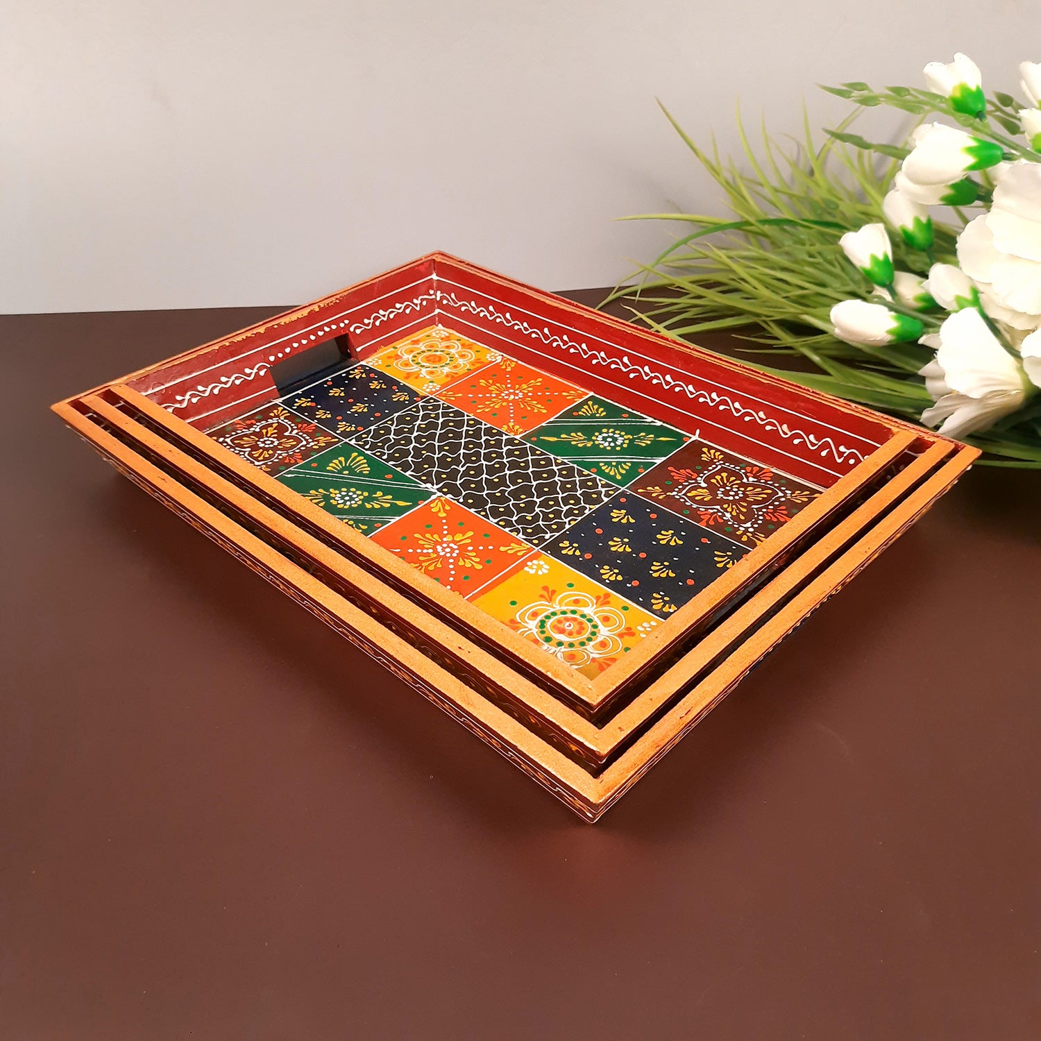 Wooden Tray Set | Serving Trays & Platters for Tea, Coffee & Snacks | Multipurpose Decorative Trays - for Home, Dining Table Organization, Kitchen & Gifts (Pack of 3) - Apkamart