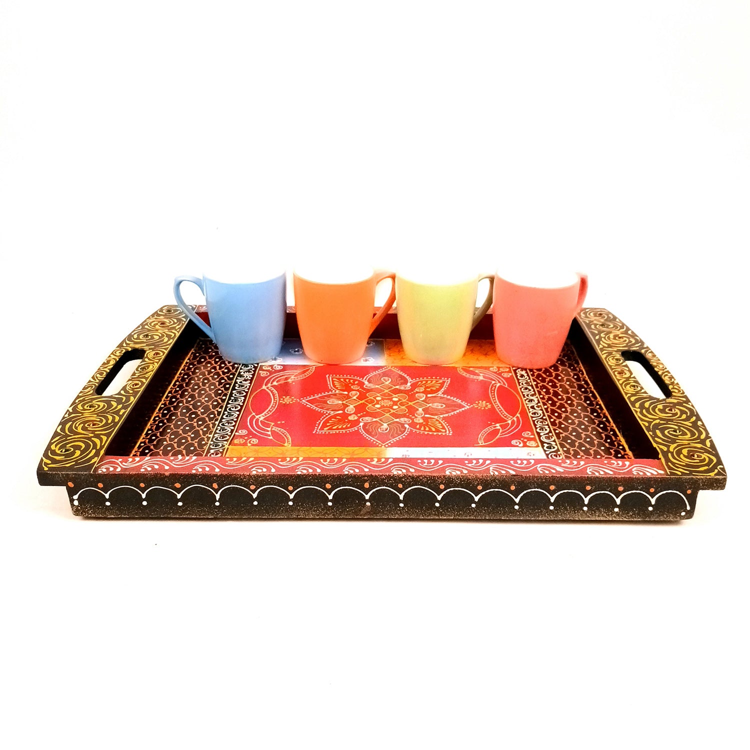 Tray Wooden | Beautifully Hand Painted Tea & Snacks Serving Platter | Decorative Trays - for Home, Dining Table, Kitchen Decor | Wedding & Housewarming Gift - 17 Inch (Pack of 2) - Apkamart