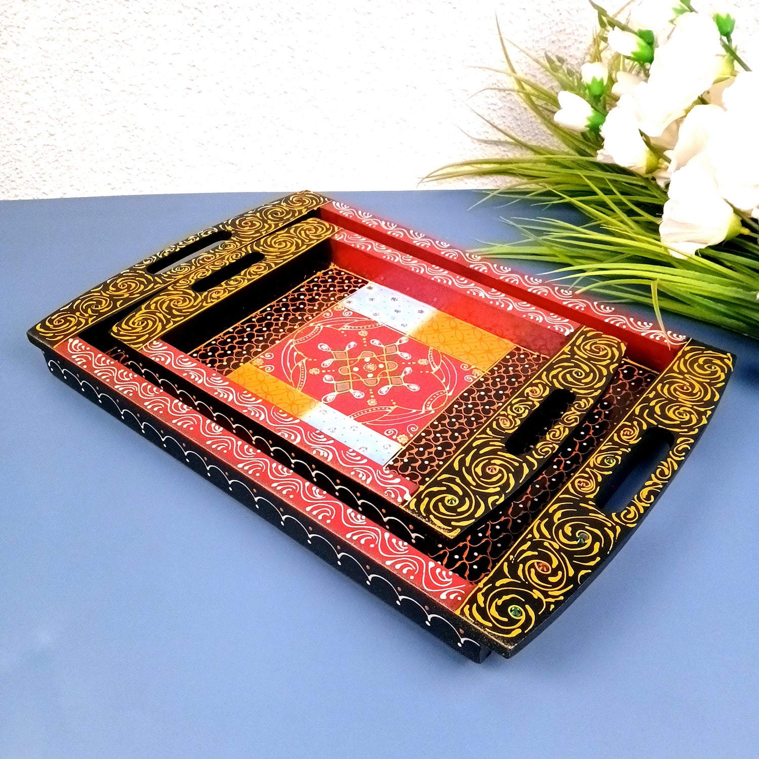 Tray Wooden | Beautifully Hand Painted Tea & Snacks Serving Platter | Decorative Trays - for Home, Dining Table, Kitchen Decor | Wedding & Housewarming Gift - 17 Inch (Pack of 2) - Apkamart