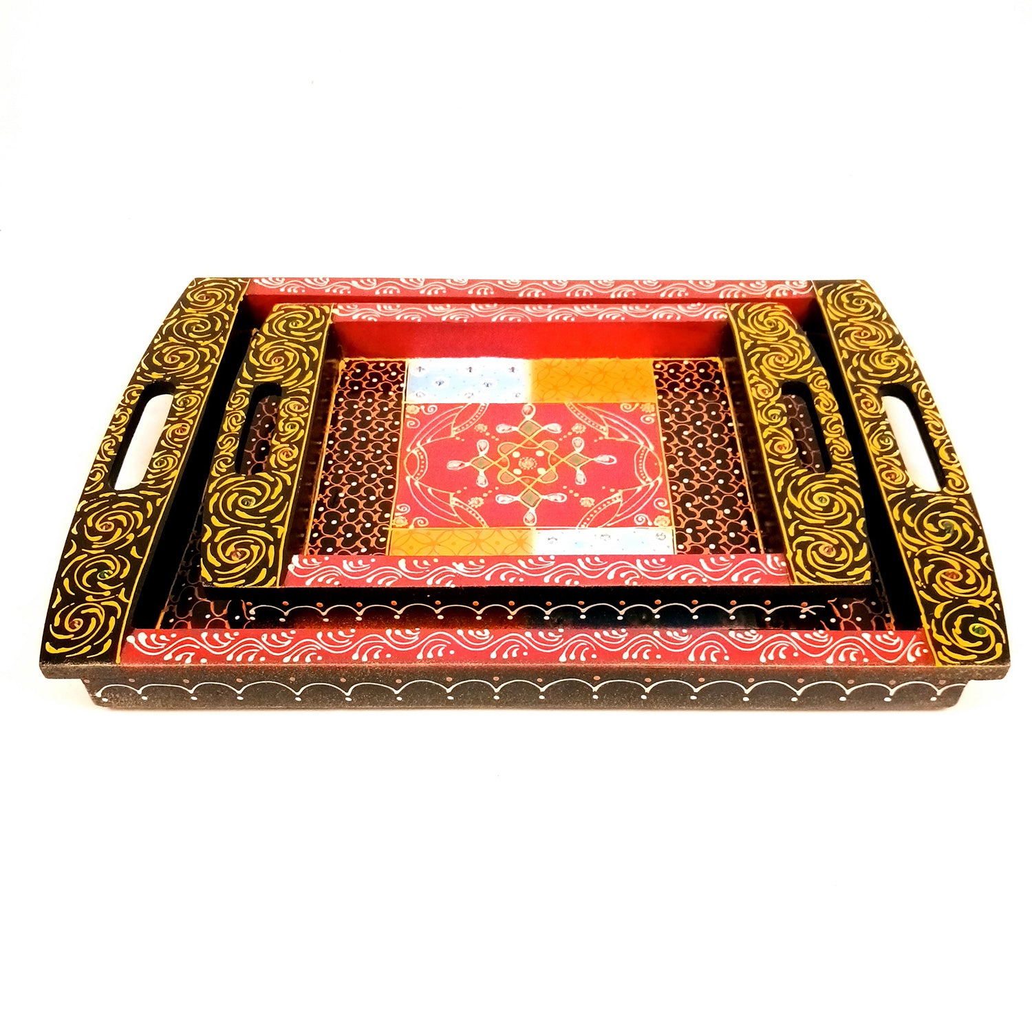 Tray Wooden | Beautifully Hand Painted Tea & Snacks Serving Platter | Decorative Trays - for Home, Dining Table, Kitchen Decor | Wedding & Housewarming Gift - 17 Inch (Pack of 2) - Apkamart