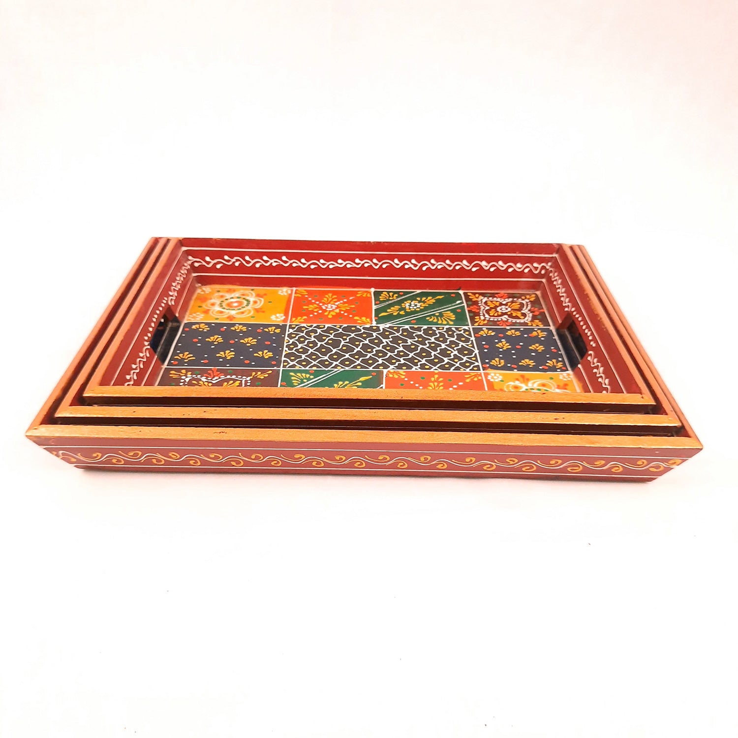 Wooden Tray Set | Serving Trays & Platters for Tea, Coffee & Snacks | Multipurpose Decorative Trays - for Home, Dining Table Organization, Kitchen & Gifts (Pack of 3) - Apkamart