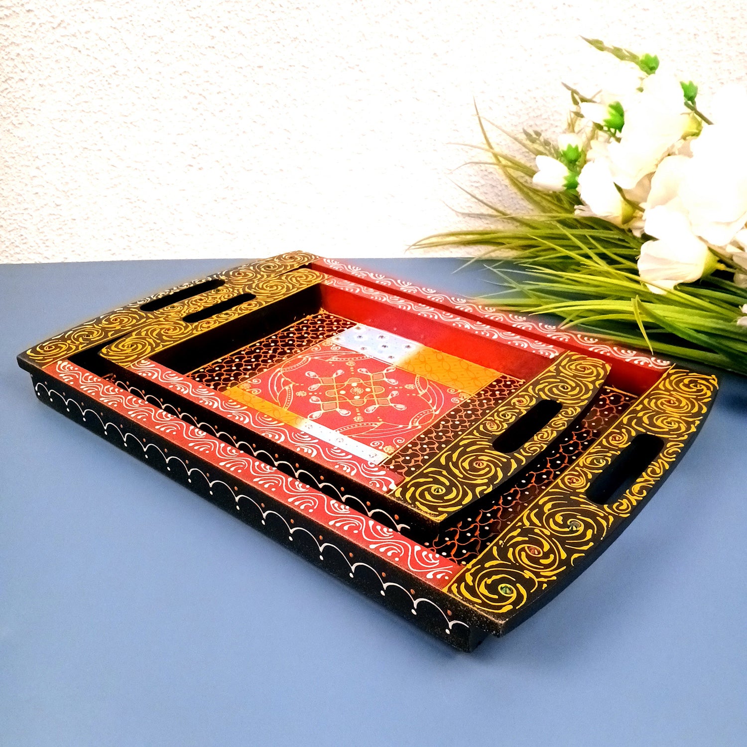 Tray Wooden | Beautifully Hand Painted Tea & Snacks Serving Platter | Decorative Trays - for Home, Dining Table, Kitchen Decor | Wedding & Housewarming Gift - 17 Inch (Pack of 2) - Apkamart