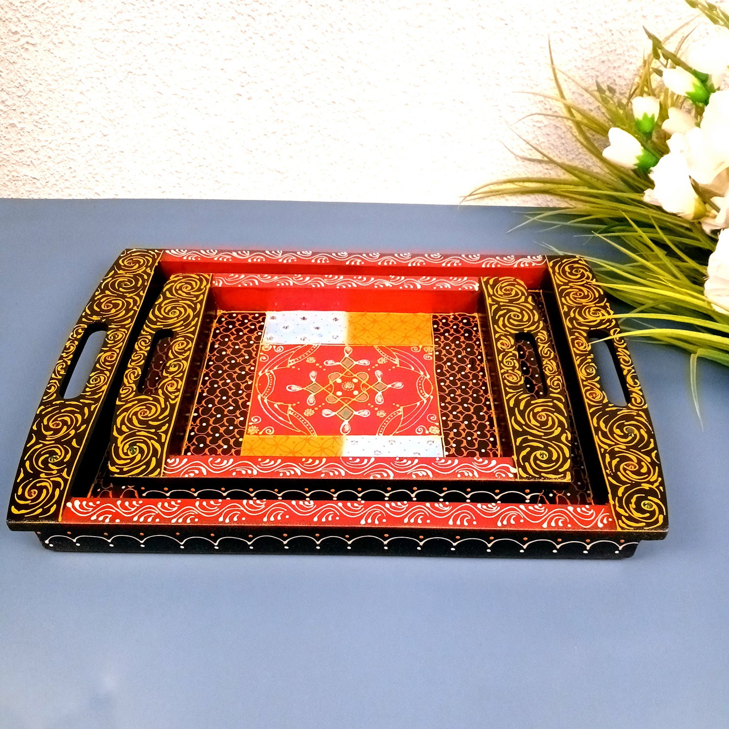 Tray Wooden | Beautifully Hand Painted Tea & Snacks Serving Platter | Decorative Trays - for Home, Dining Table, Kitchen Decor | Wedding & Housewarming Gift - 17 Inch (Pack of 2) - Apkamart