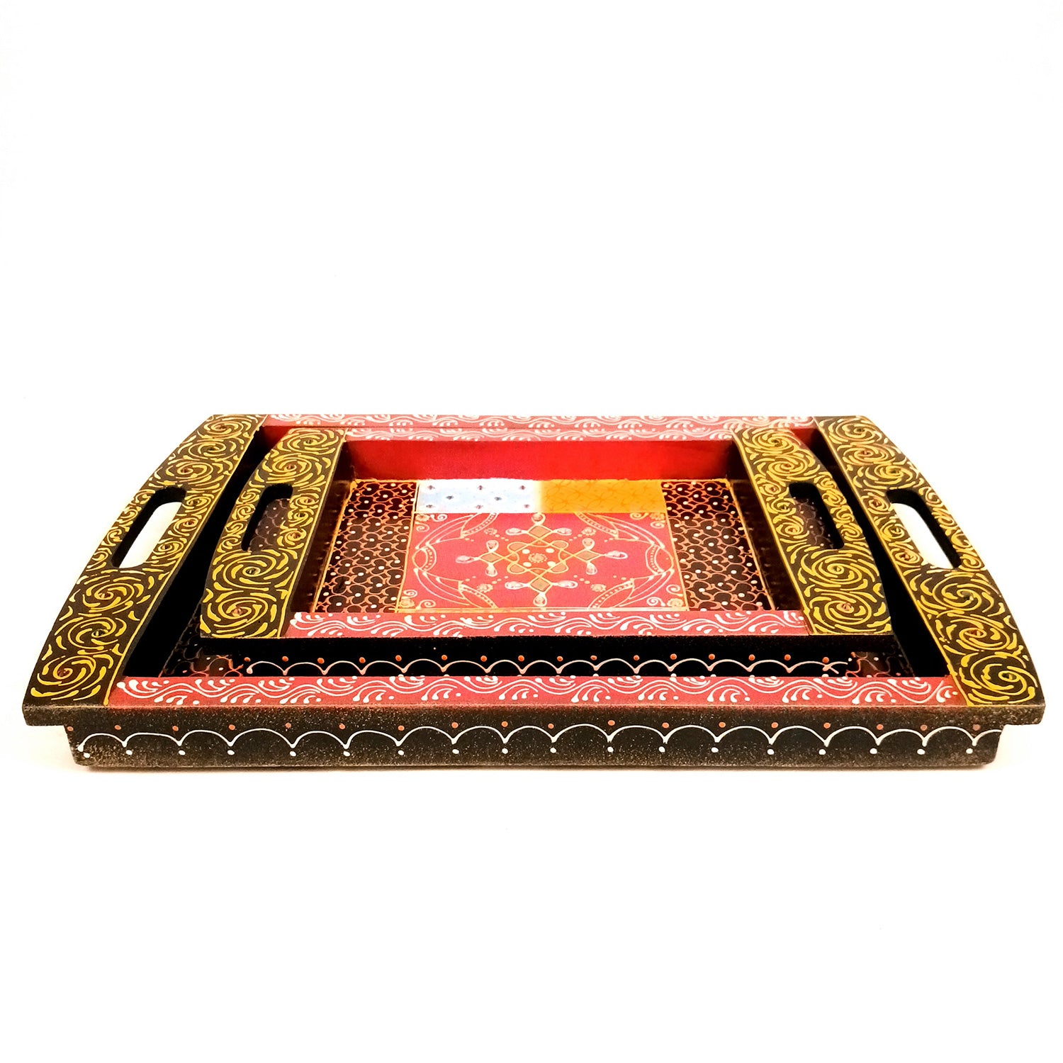 Tray Wooden | Beautifully Hand Painted Tea & Snacks Serving Platter | Decorative Trays - for Home, Dining Table, Kitchen Decor | Wedding & Housewarming Gift - 17 Inch (Pack of 2) - Apkamart