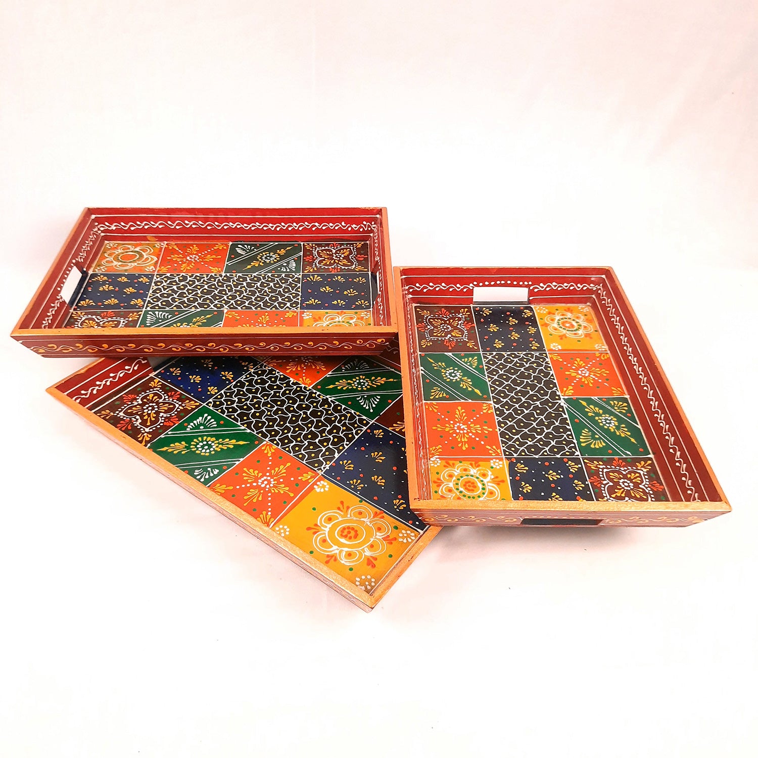 Wooden Tray Set | Serving Trays & Platters for Tea, Coffee & Snacks | Multipurpose Decorative Trays - for Home, Dining Table Organization, Kitchen & Gifts (Pack of 3) - Apkamart