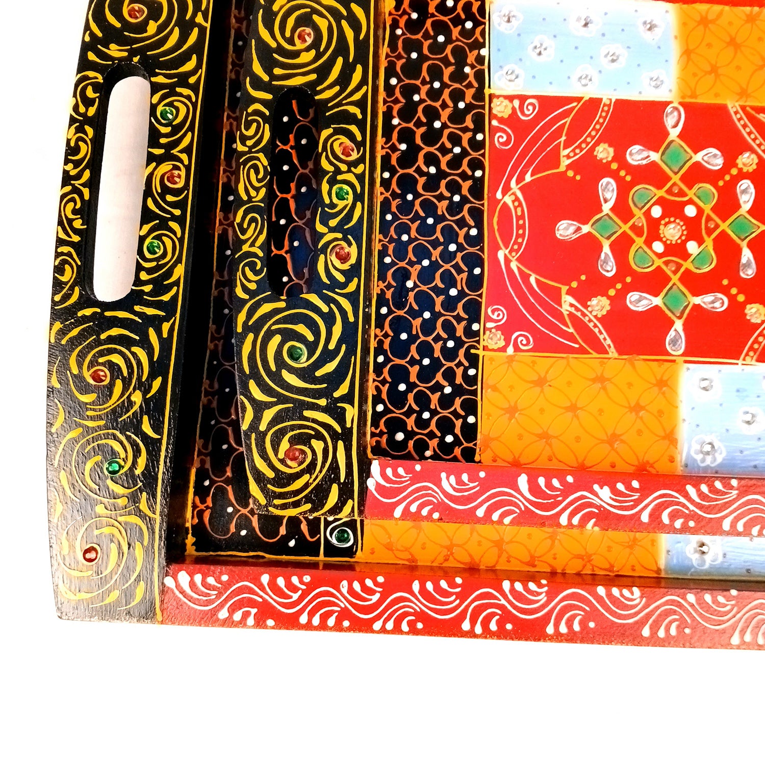 Tray Wooden | Beautifully Hand Painted Tea & Snacks Serving Platter | Decorative Trays - for Home, Dining Table, Kitchen Decor | Wedding & Housewarming Gift - 17 Inch (Pack of 2) - Apkamart