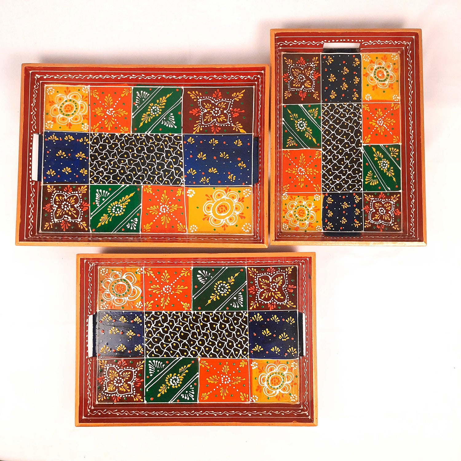 Wooden Tray Set | Serving Trays & Platters for Tea, Coffee & Snacks | Multipurpose Decorative Trays - for Home, Dining Table Organization, Kitchen & Gifts (Pack of 3) - Apkamart