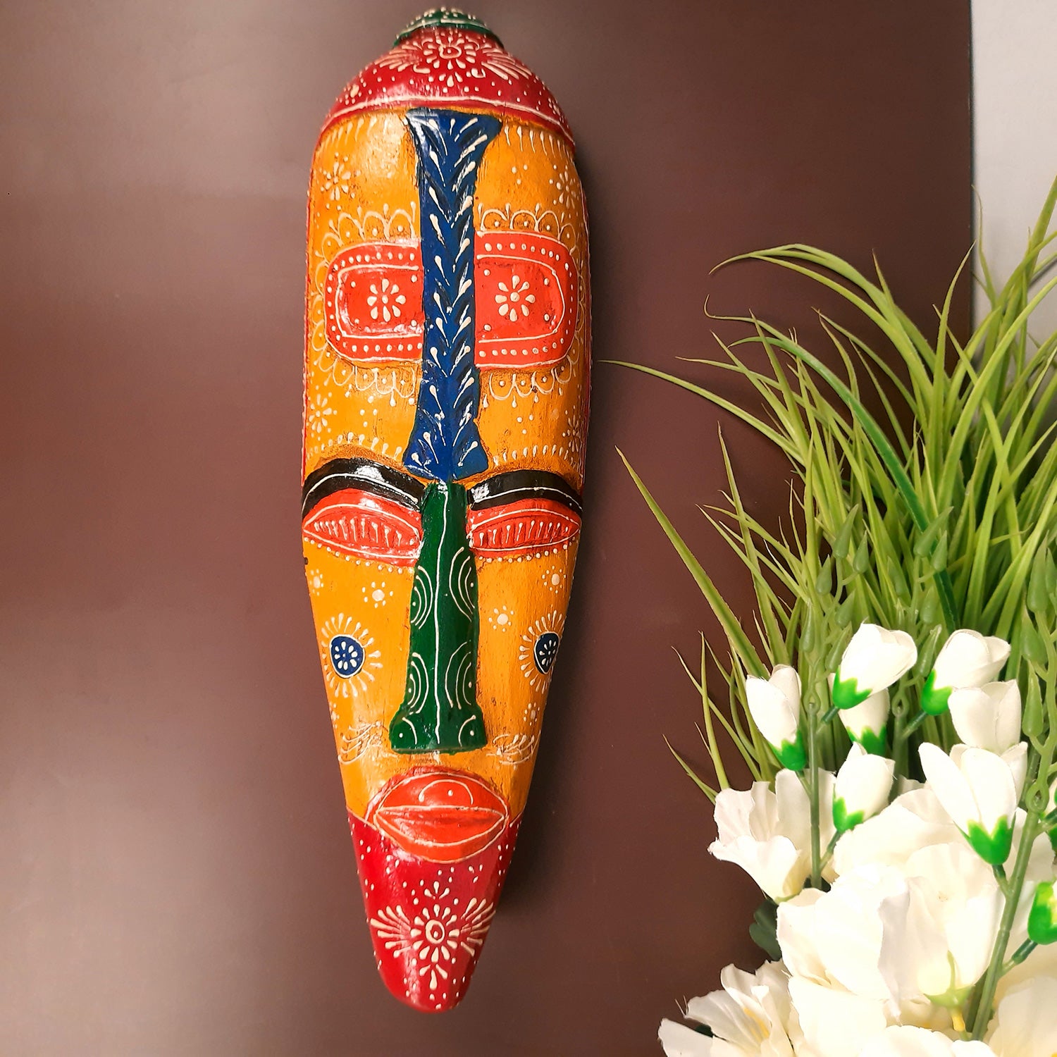 Wall Mask Wooden Hangings | Nazar Battu For Home Entrance | African Egyptian Masks Face Hanging Tall - For Living Room, House, Door, Hall-Way, Balcony Decoration - 18 Inch - Apkamart #style_Pack of 1